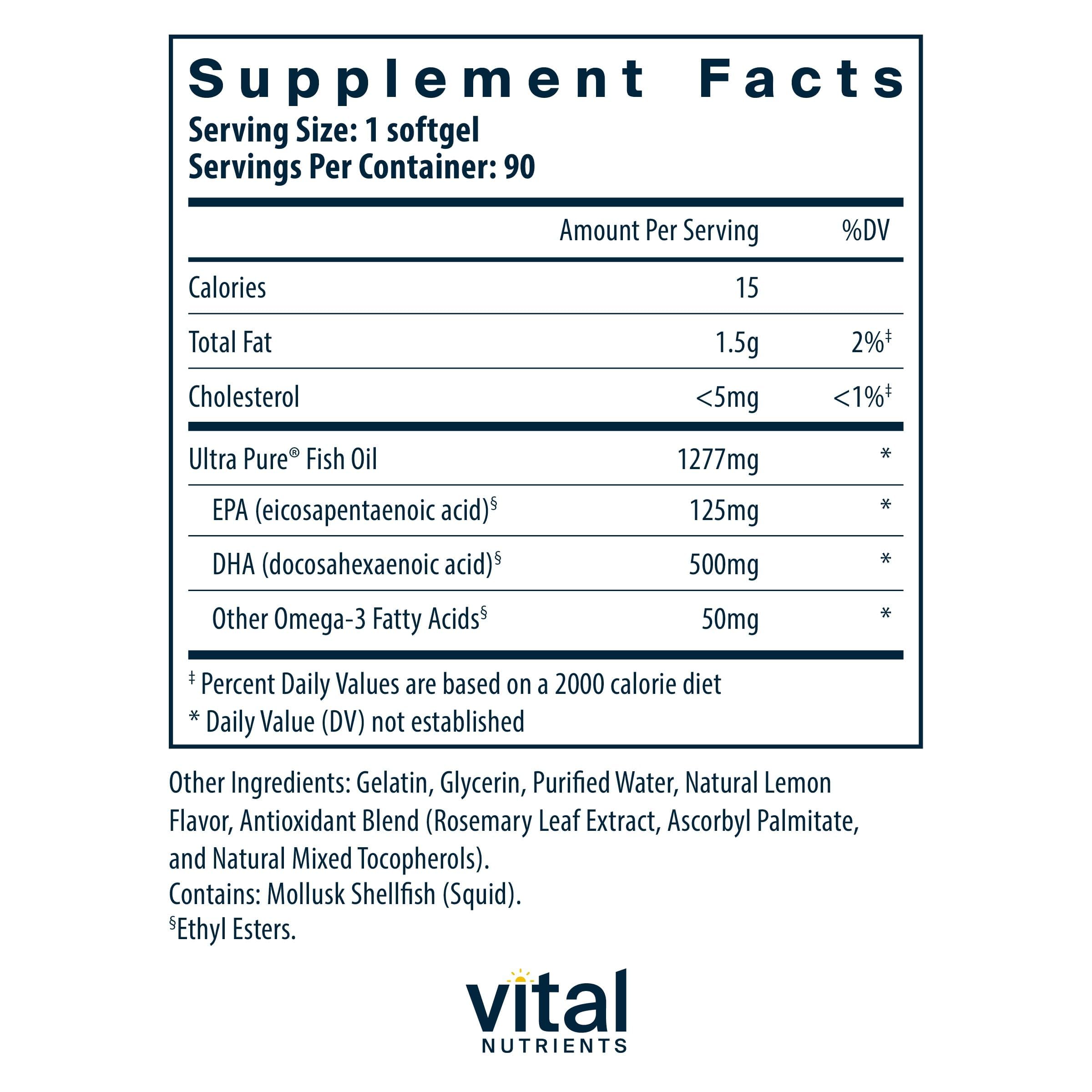 Vital Nutrients Ultra Pure Huile Poisson 675 – Gélules saveur citron pour une prise agréable.