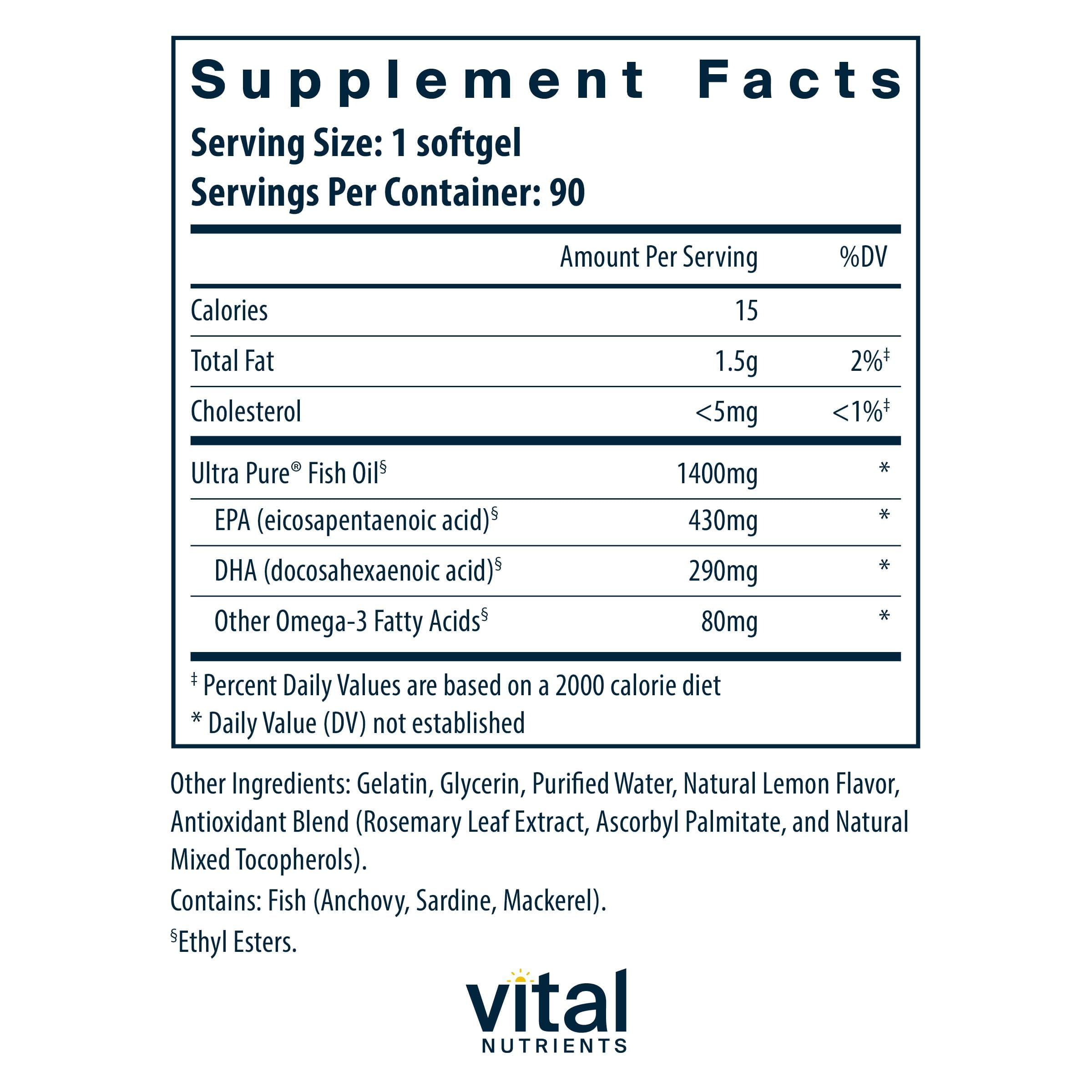Vital Nutrients Ultra Pure Poisson 800 — étiquette EPA et DHA élevés pour cœur et cerveau.