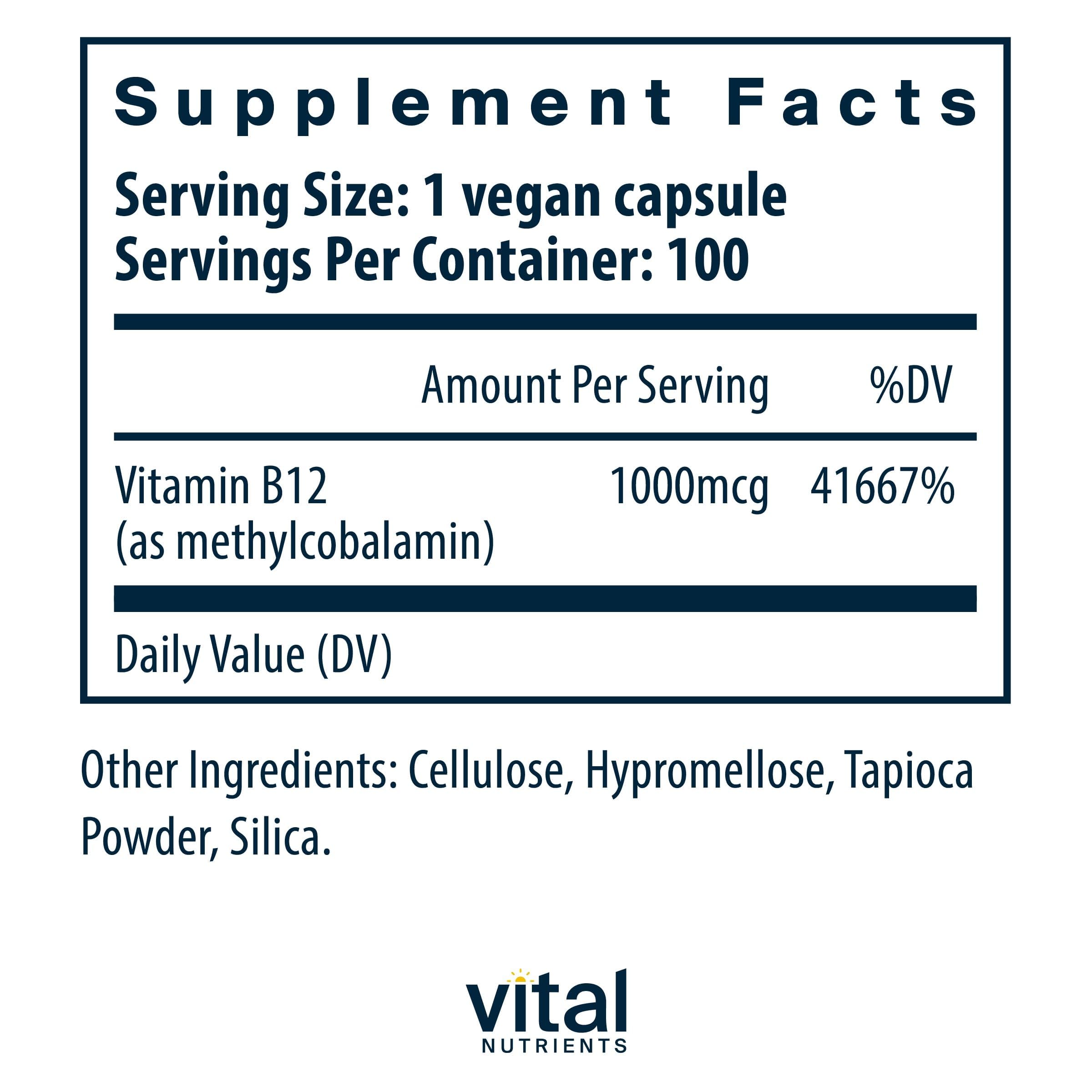 Étiquette lisible Vitamine B12 1000mcg, indication dosage et origine vegan