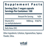 Étiquette lisible Vitamine B12 1000mcg, indication dosage et origine vegan