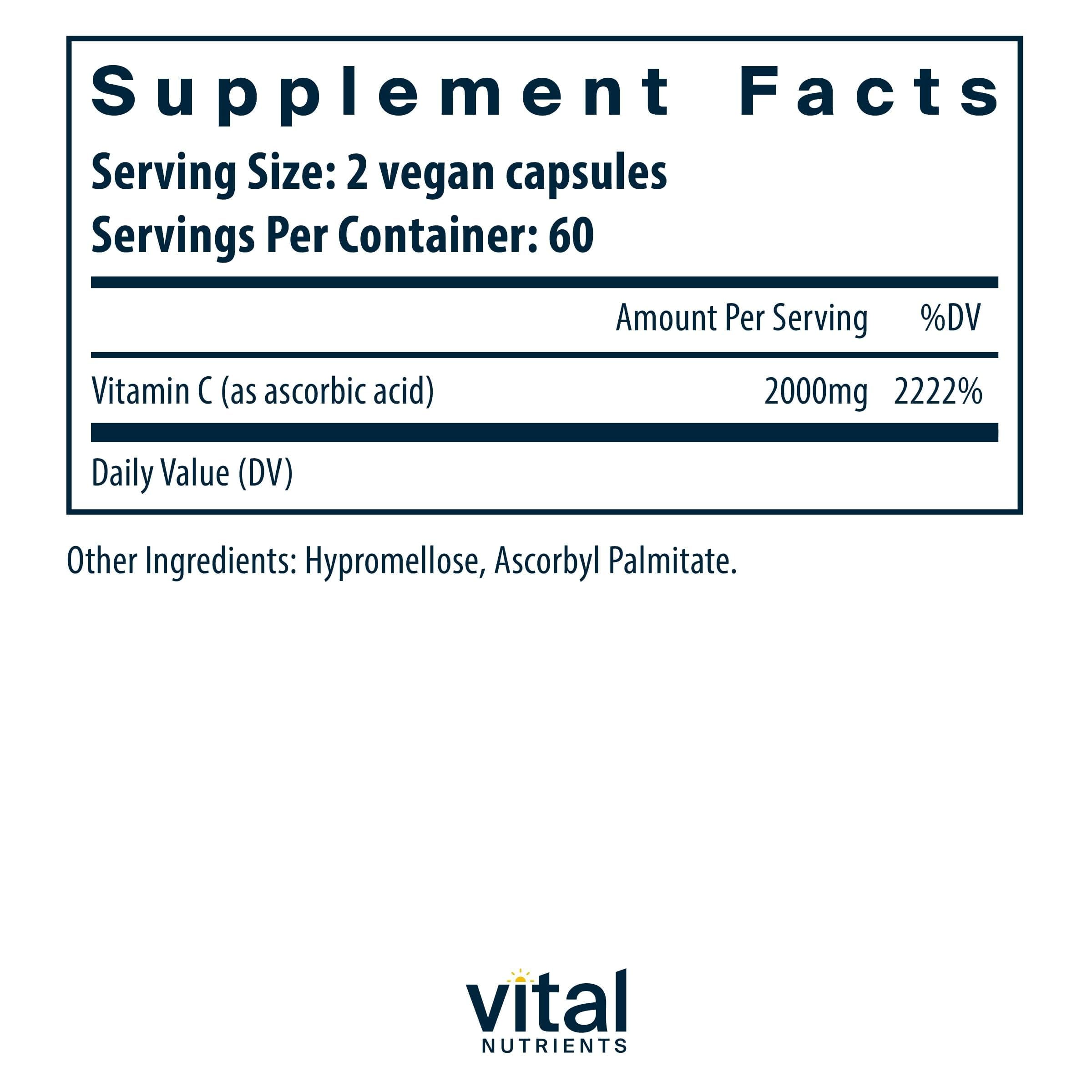 Vital Nutrients Vitamine C 1000 mg — boîte capsules, dosage journalier pratique.