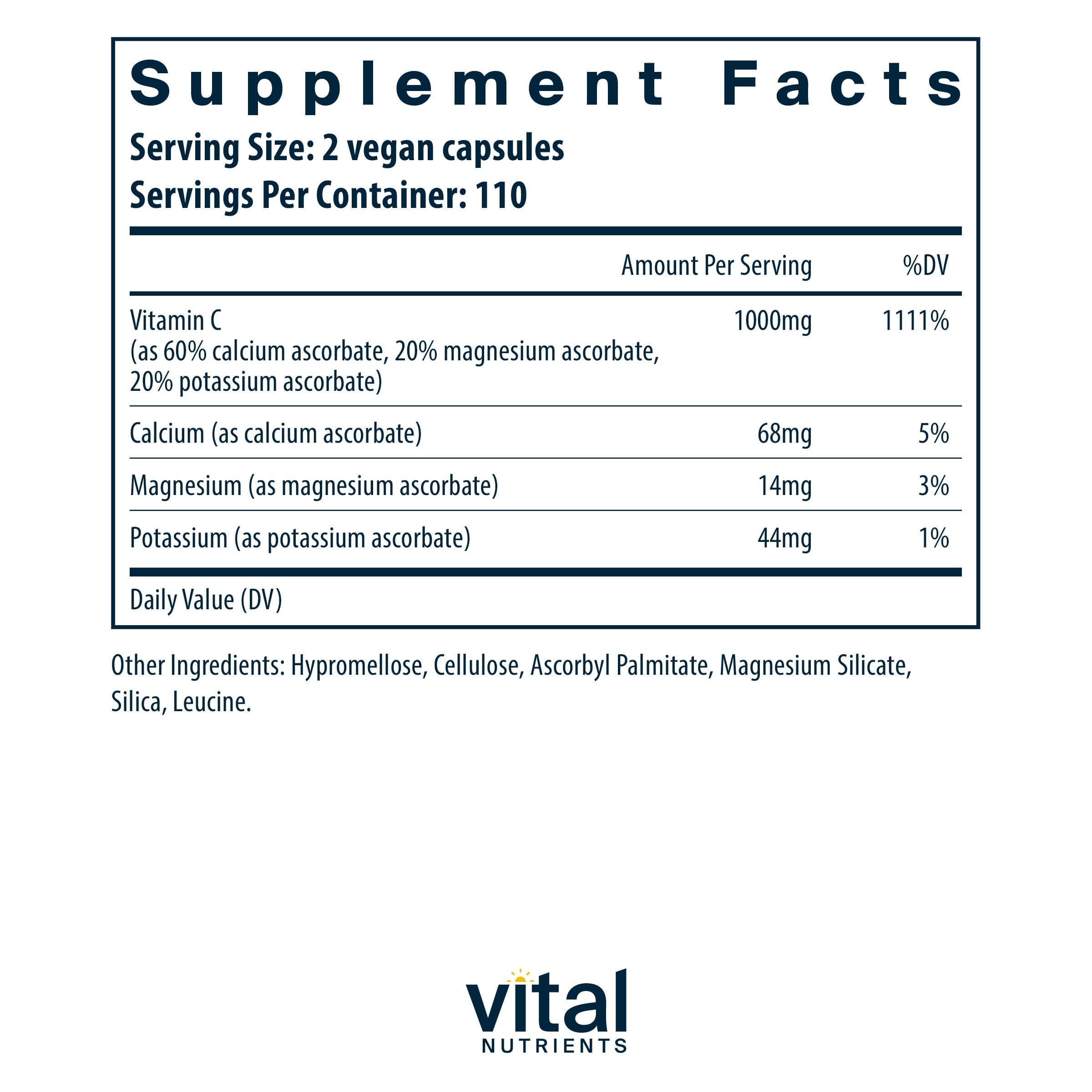 Capsules vitamine C 500 mg Vital Nutrients, dosage adaptable et absorption modulée.