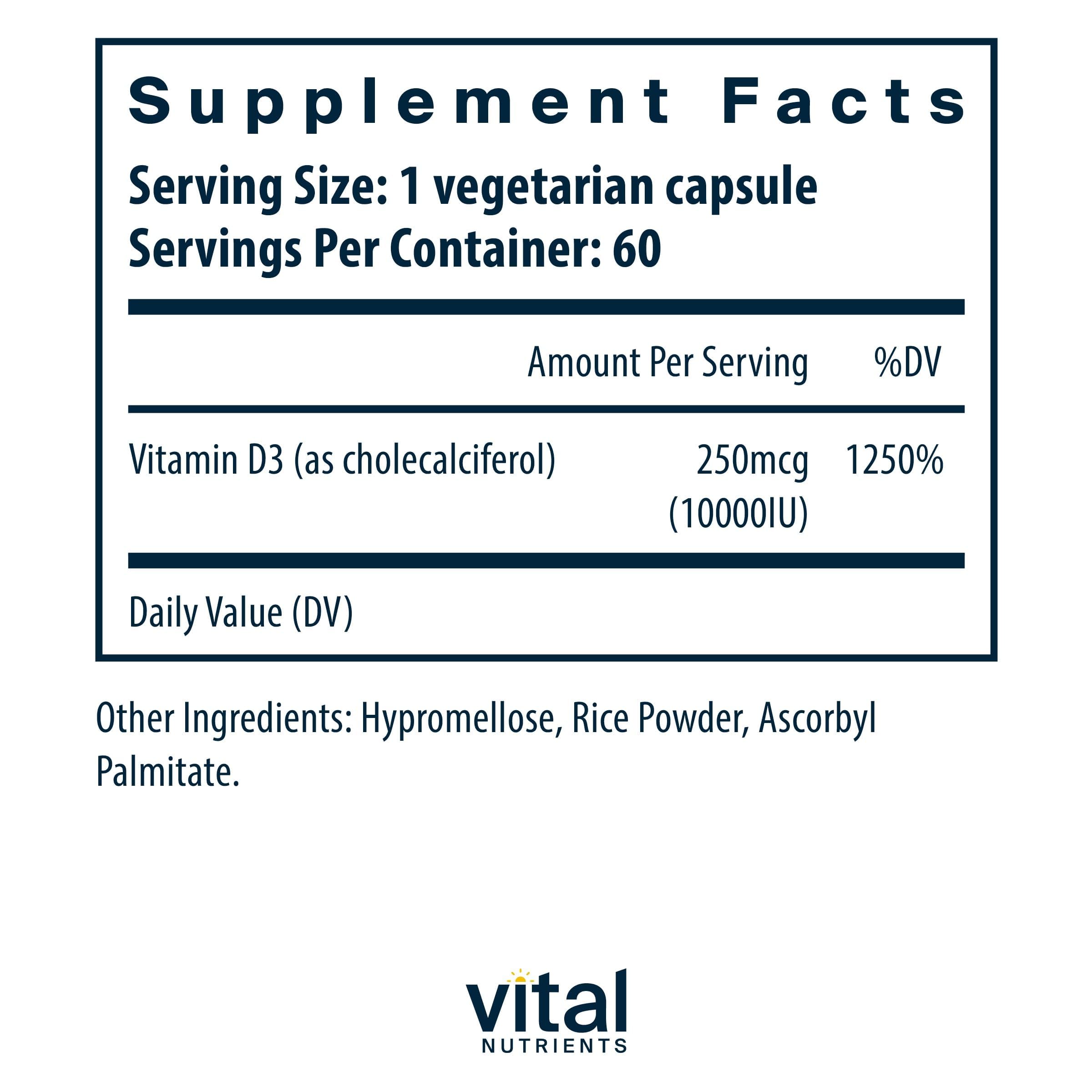 Vital Nutrients vitamine D 10000 IU — capsules faciles à avaler pour l’absorption