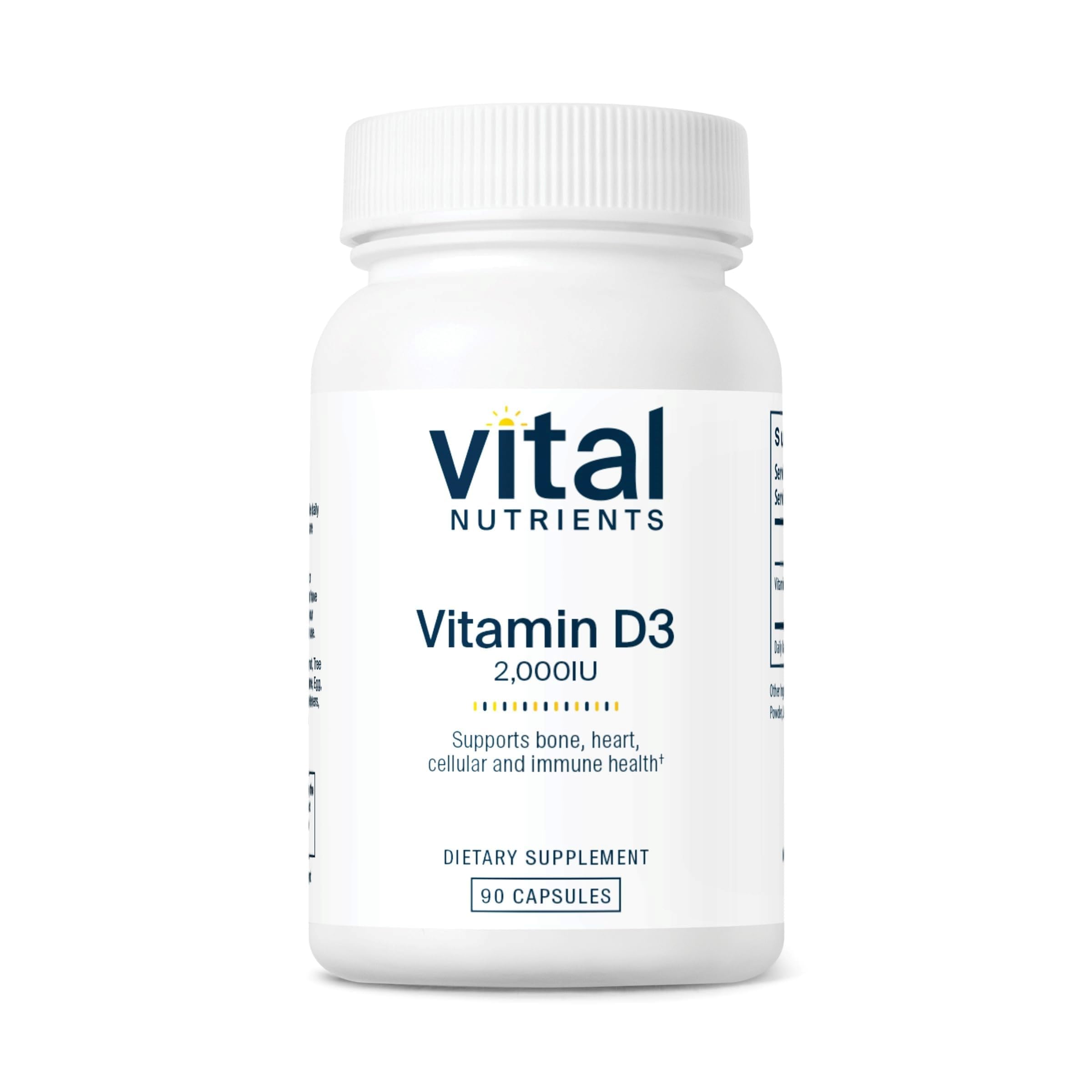 Bouteille Vital Nutrients vitamine D3 2000 UI pour un apport quotidien pratique.