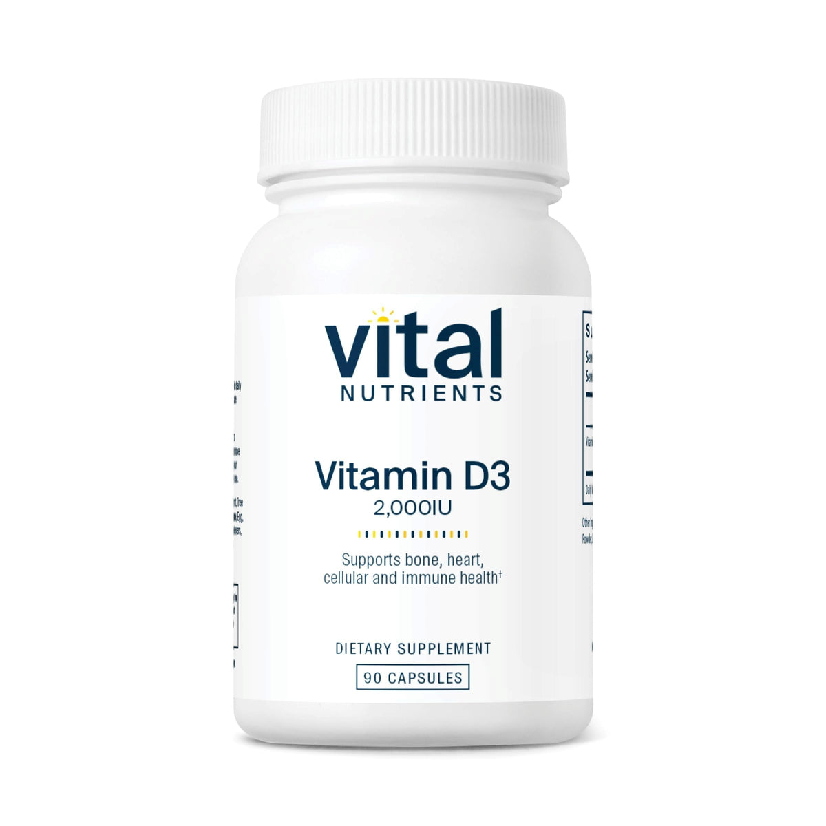Bouteille Vital Nutrients vitamine D3 2000 UI pour un apport quotidien pratique.