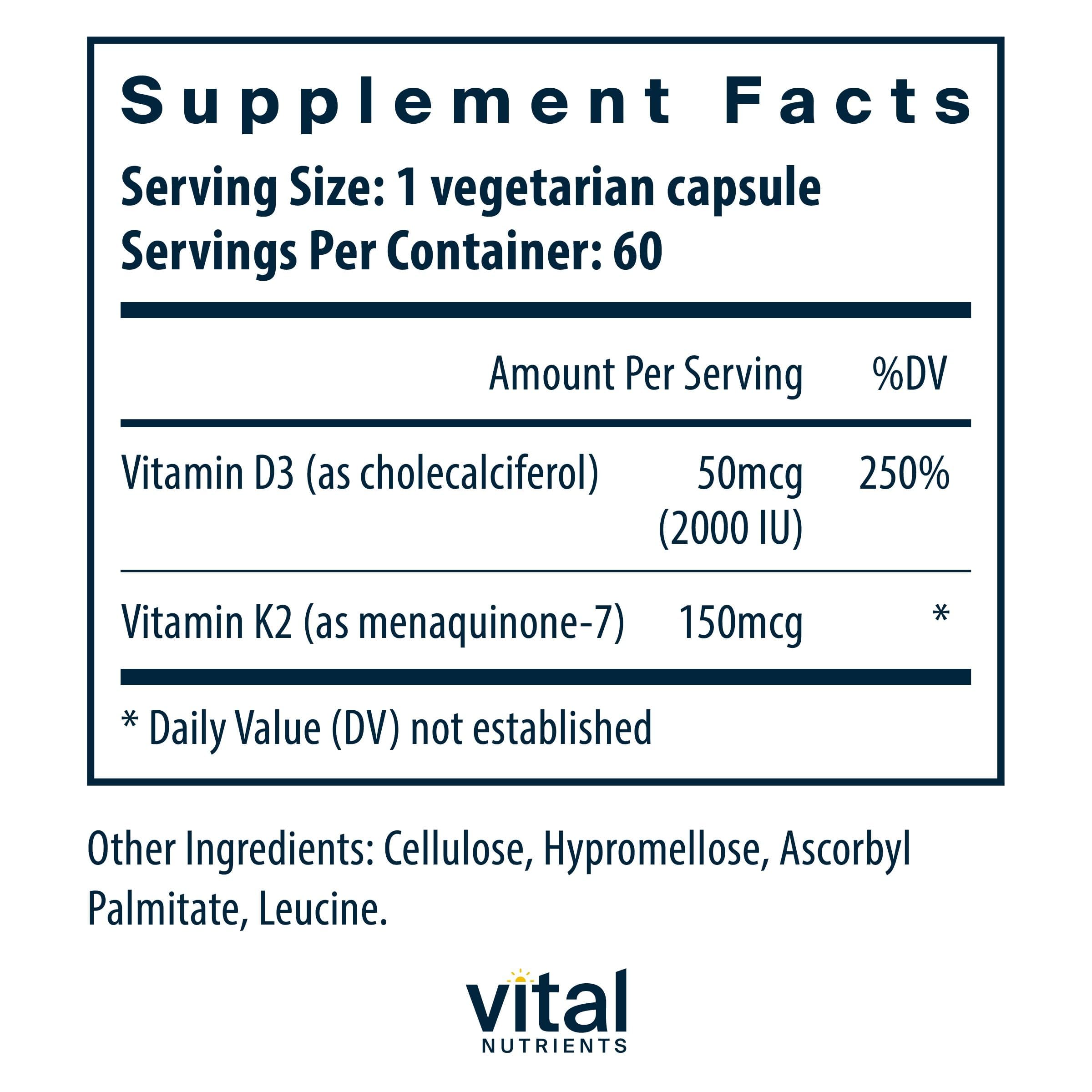Vital Nutrients Vitamine D3 K2 capsules, faciles à avaler dans la routine.