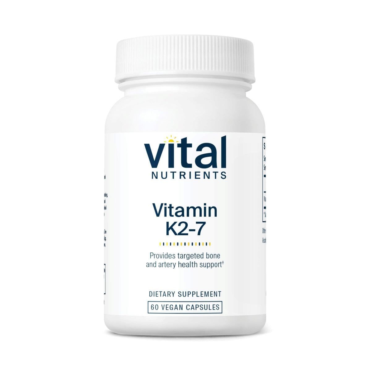 Vital Nutrients Vitamine K2-7: bouteille de gélules, soutien potentiel du calcium.