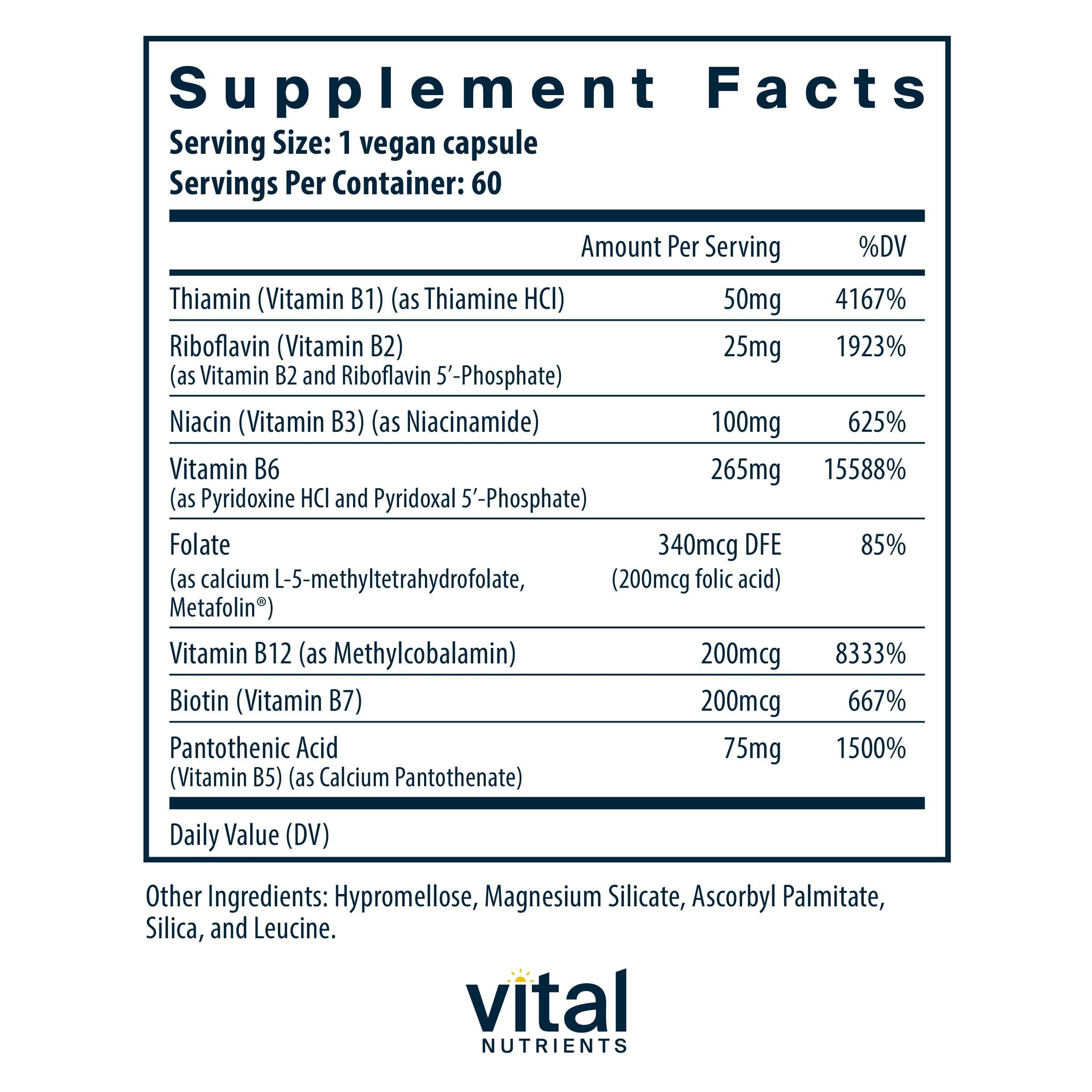 Bouteille Vital Nutrients B6 + Complex, mélange vegan et pratique