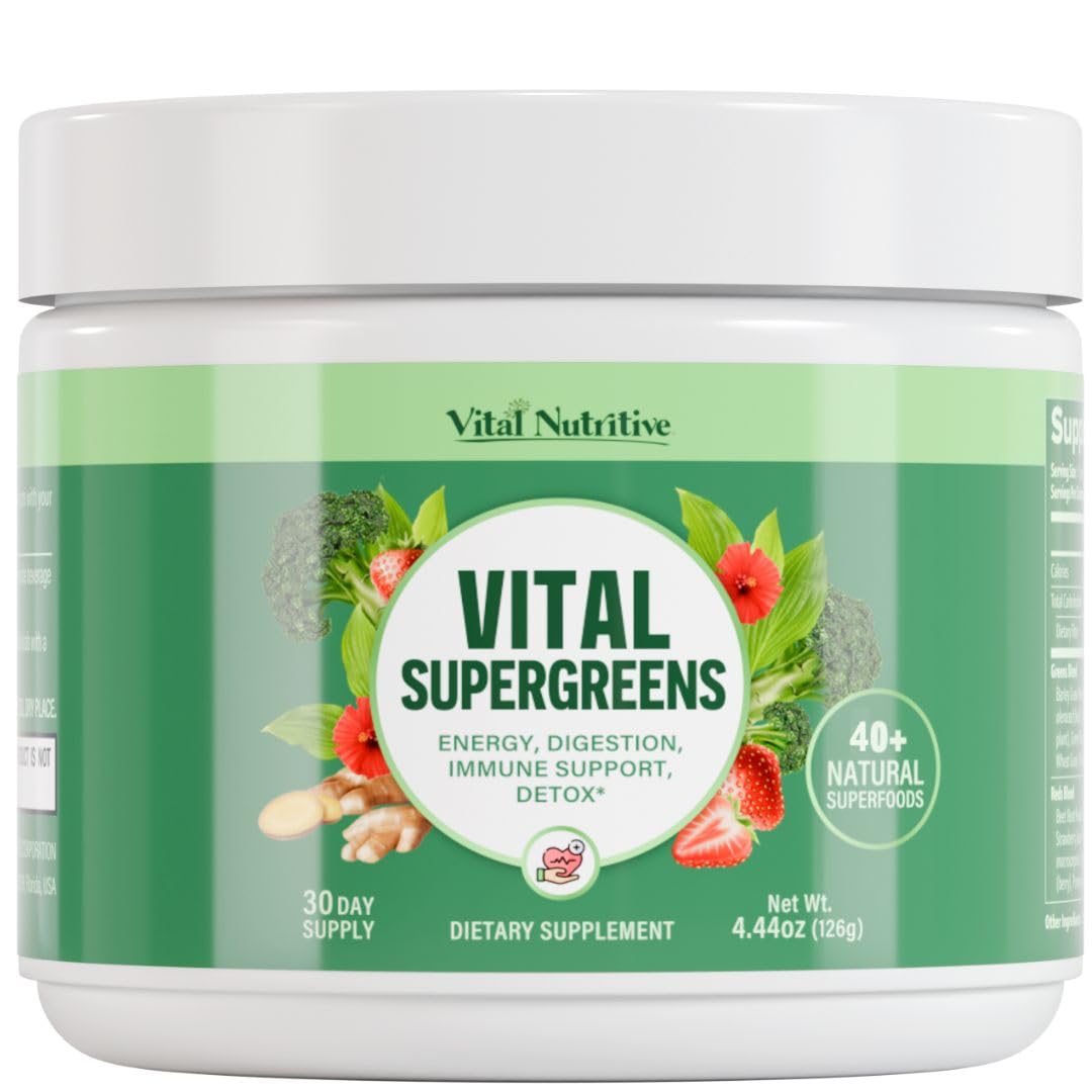 Emballage Vital Greens de Vital Nutritive, prêt pour votre routine verte.