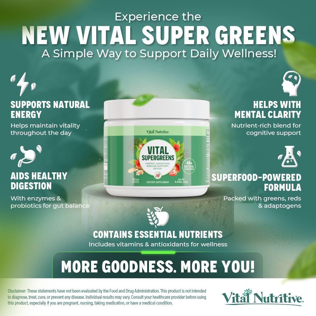 Ingrédients clés de Vital Greens, probiotiques et fibres pour la digestion.