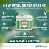 Ingrédients clés de Vital Greens, probiotiques et fibres pour la digestion.