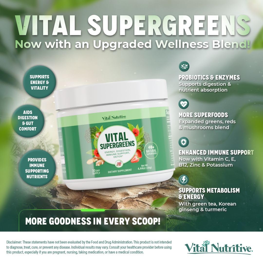 Poudre Vital Greens se dissolvant rapidement dans l’eau ou un jus.