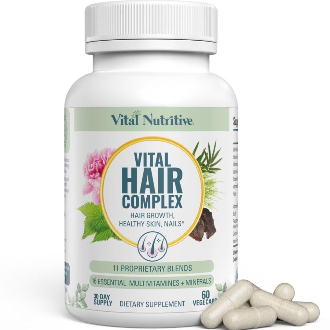 Vital Hair Complex de Vital Nutritive — bouteille et gélules pour cheveux plus forts.
