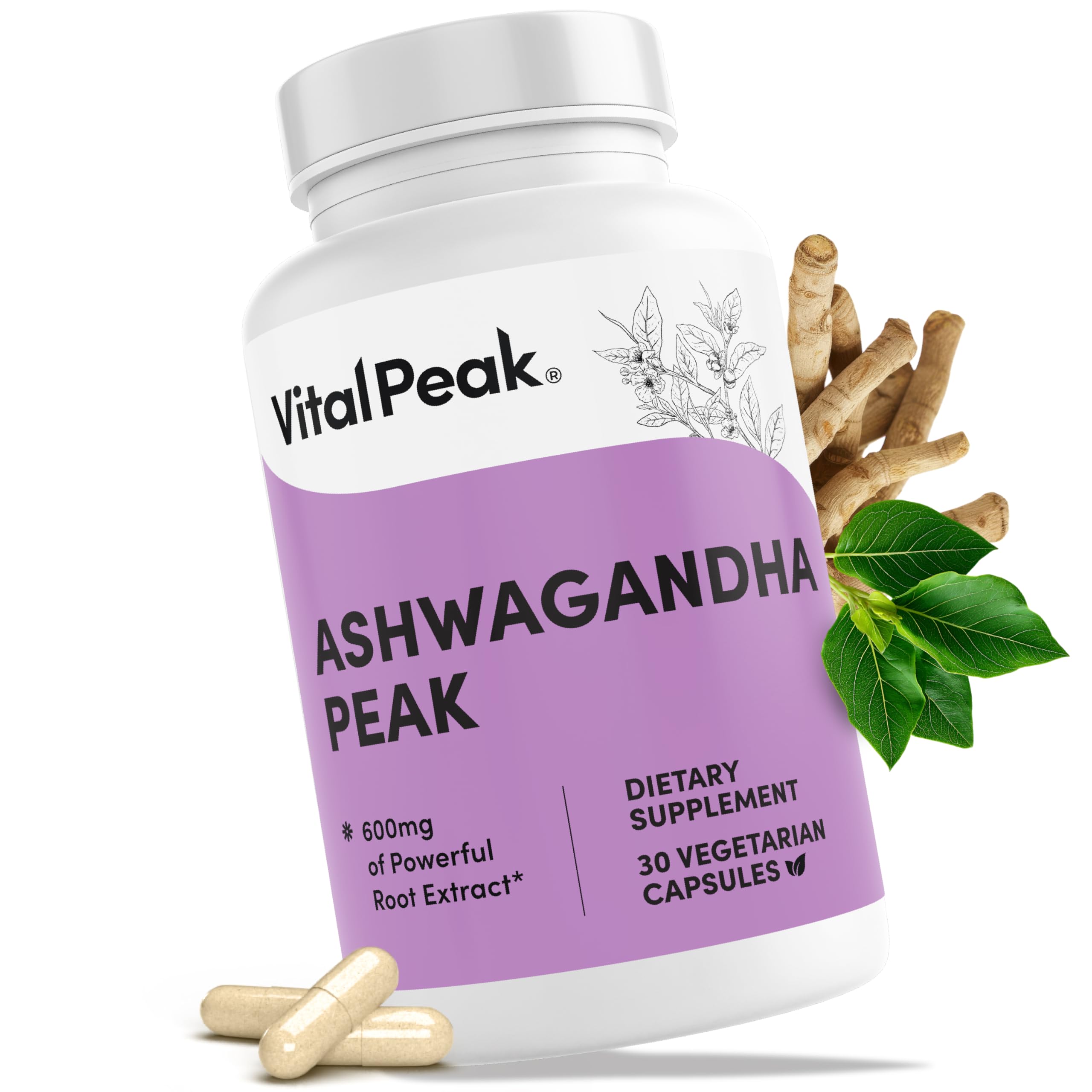 Vital Peak Ashwagandha: flacon et capsules, soutien potentiel au stress quotidien.