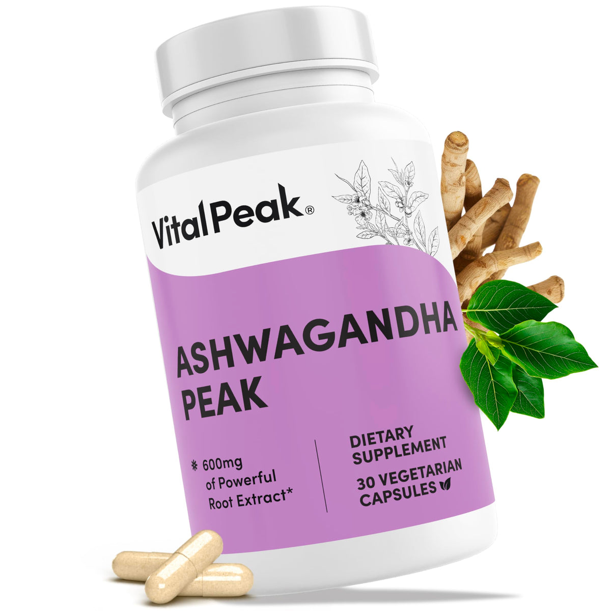 Vital Peak Ashwagandha: flacon et capsules, soutien potentiel au stress quotidien.
