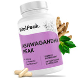 Vital Peak Ashwagandha: flacon et capsules, soutien potentiel au stress quotidien.