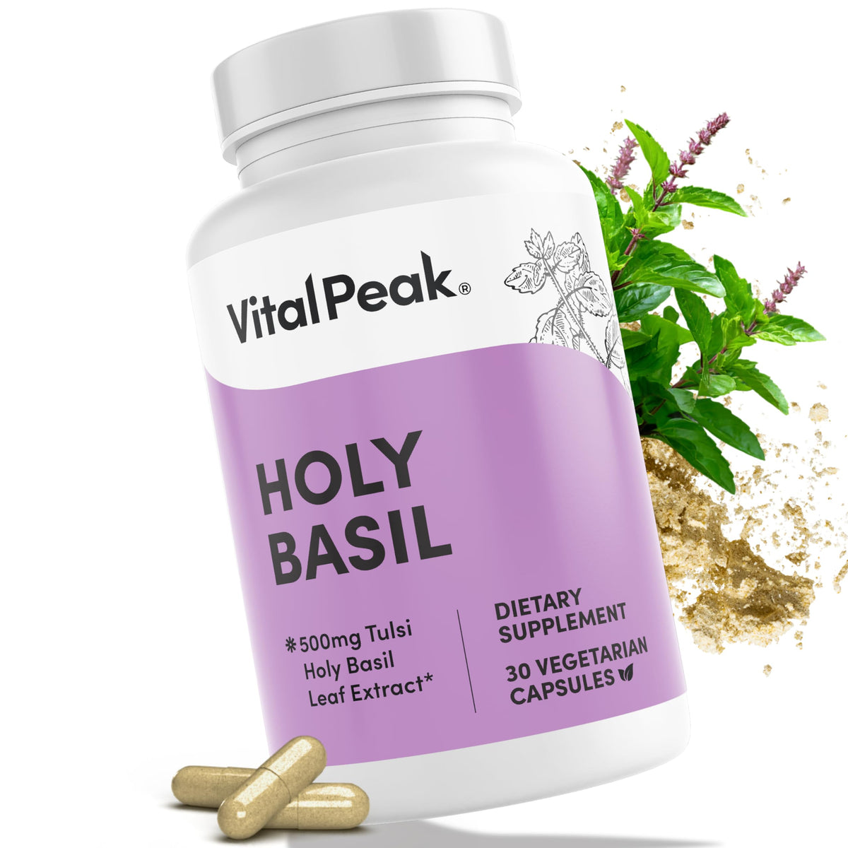 Vital Peak Basilic Sacré - Bouteille 500 mg pour un soutien émotionnel potentiel.