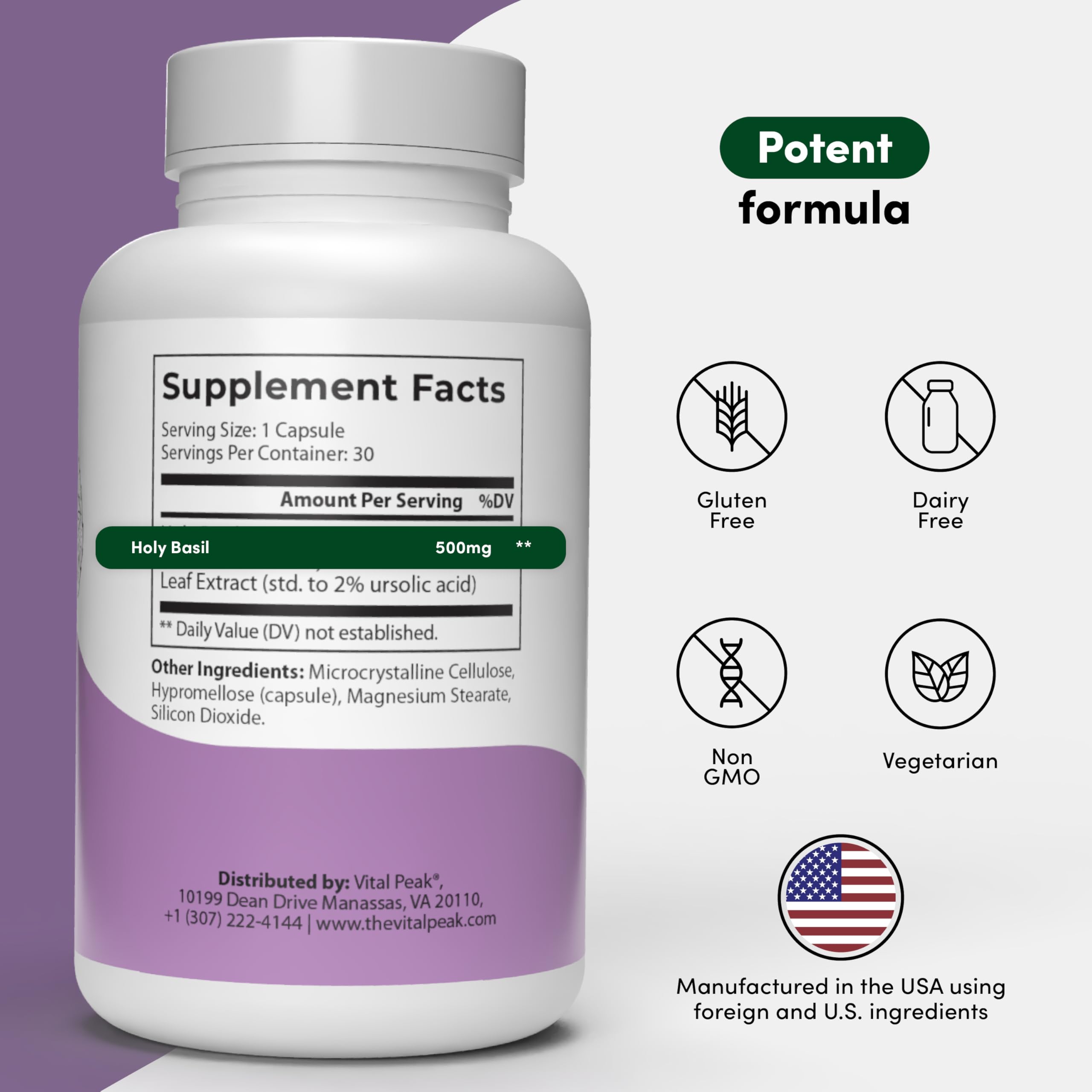 Vital Peak Basilic Sacré - Capsules véganes faciles à intégrer au quotidien pour le stress.