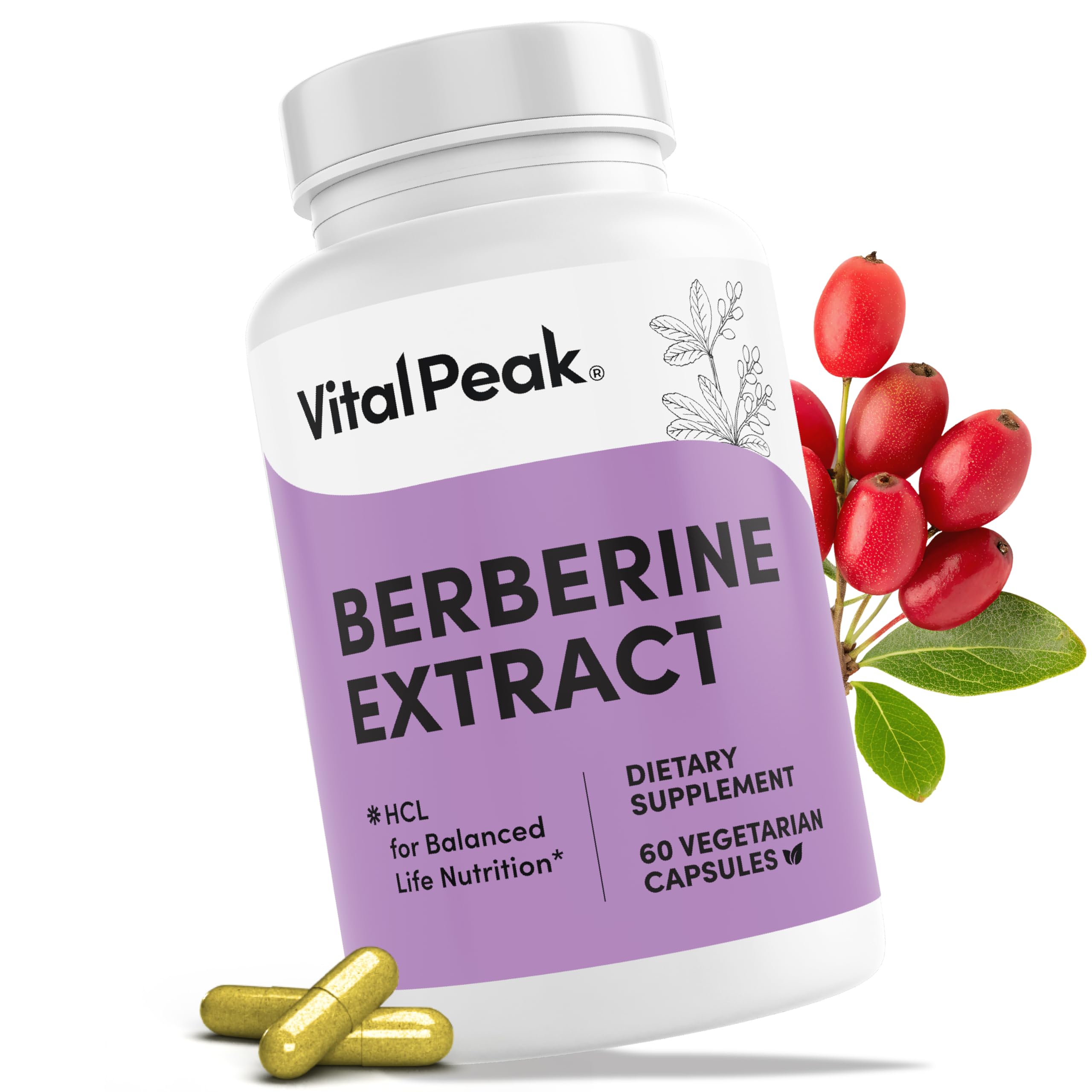 Vital Peak Berberine HCL 1000 mg – bouteille prête à l'emploi pour soutenir l'équilibre métabolique.