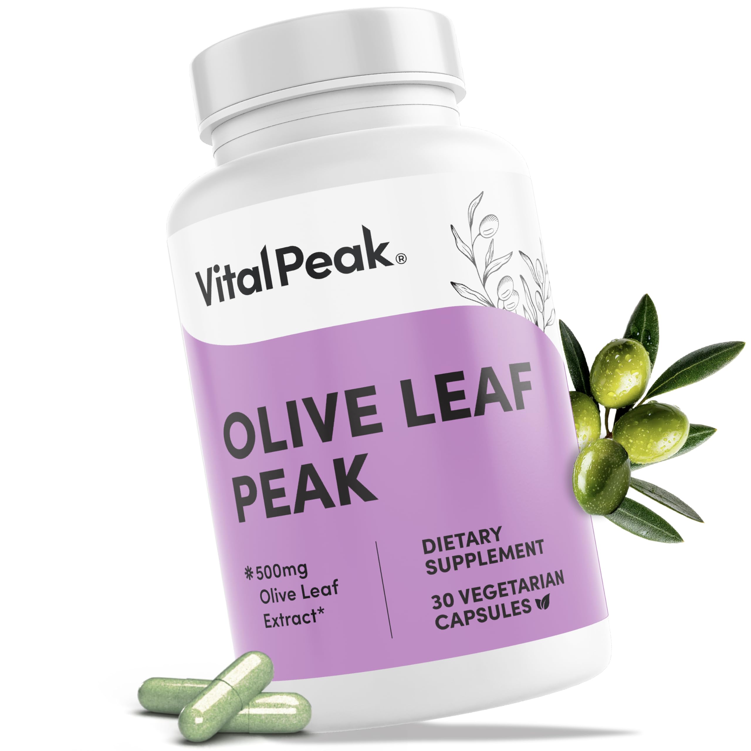 Vital Peak — bouteille de gélules d’extrait d’olive 500 mg, soutien immunitaire quotidien.