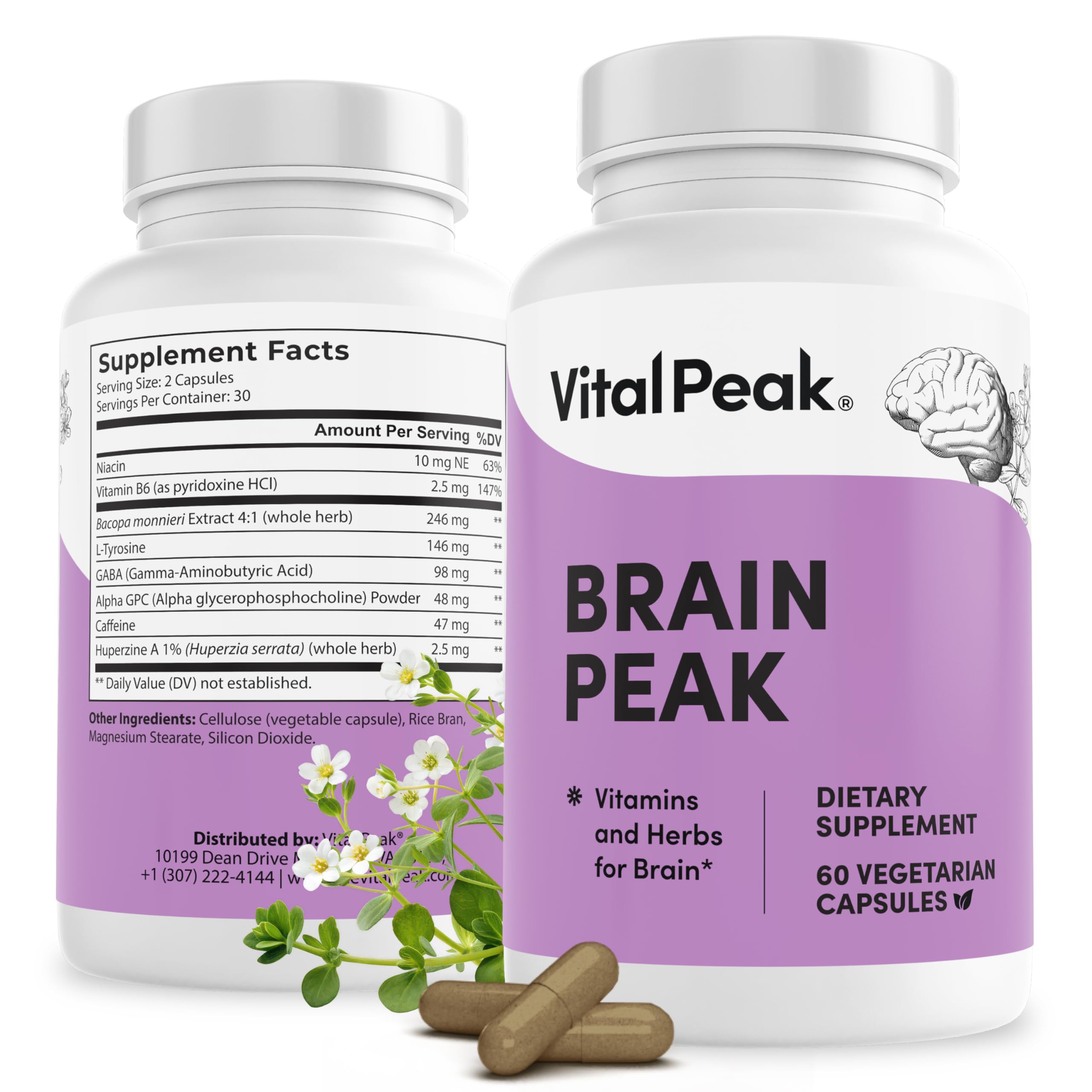 Vital Peak Brain Peak : bouteille et capsules pour clarté mentale potentielle.