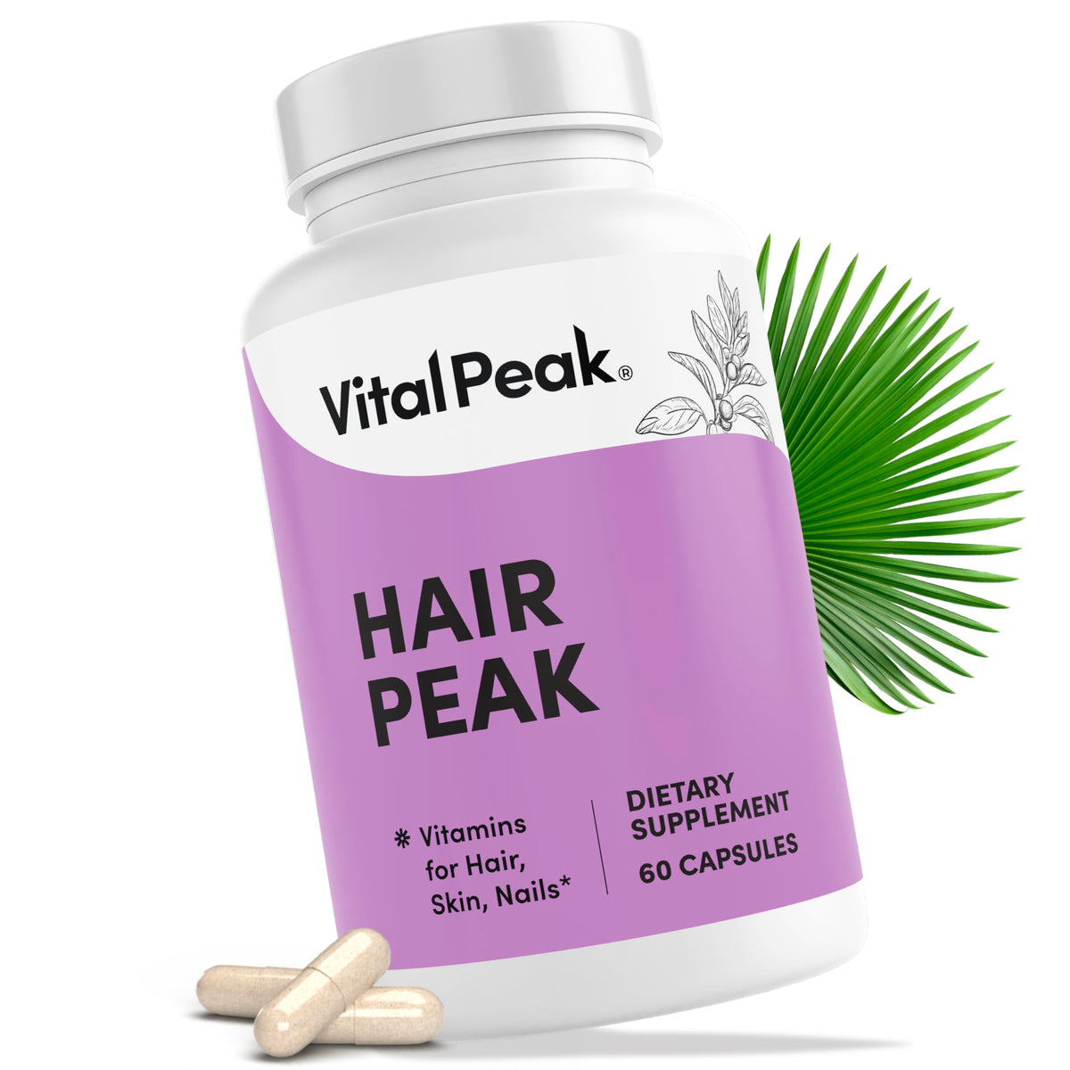 Vital Peak Hair Peak: la bouteille et gélules visibles prêt-à-l'emploi pour la routine capillaire.