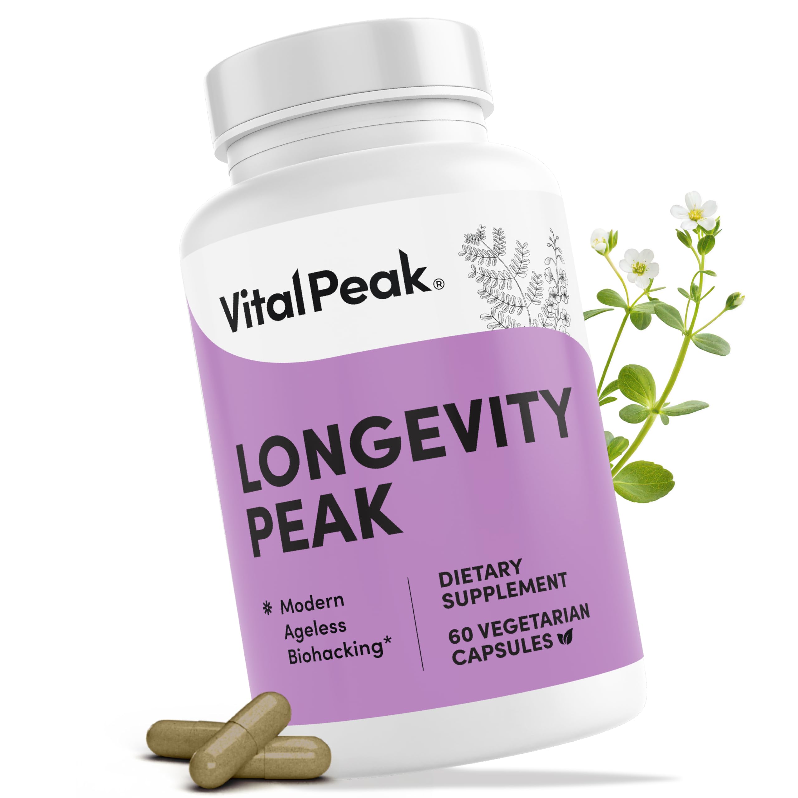 Vital Peak Longevity Peak: bouteille présentant le complément pour l'énergie et le bien-être quotidien.
