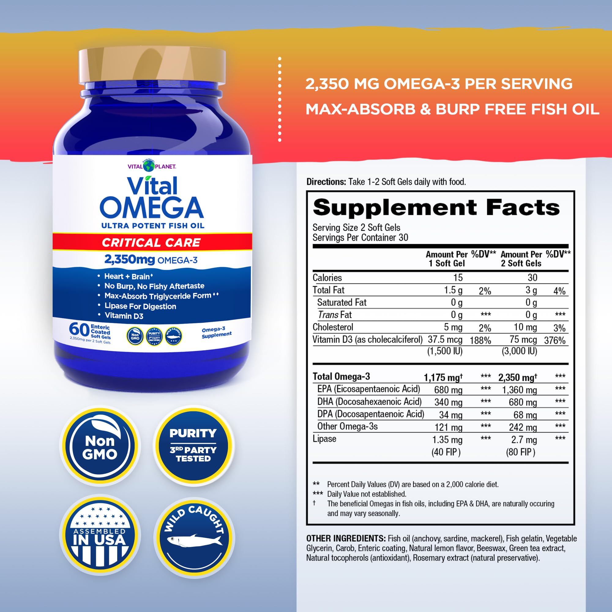 Vital Planet Omega-3: gelules molles près de l'emballage, absorption optimise.