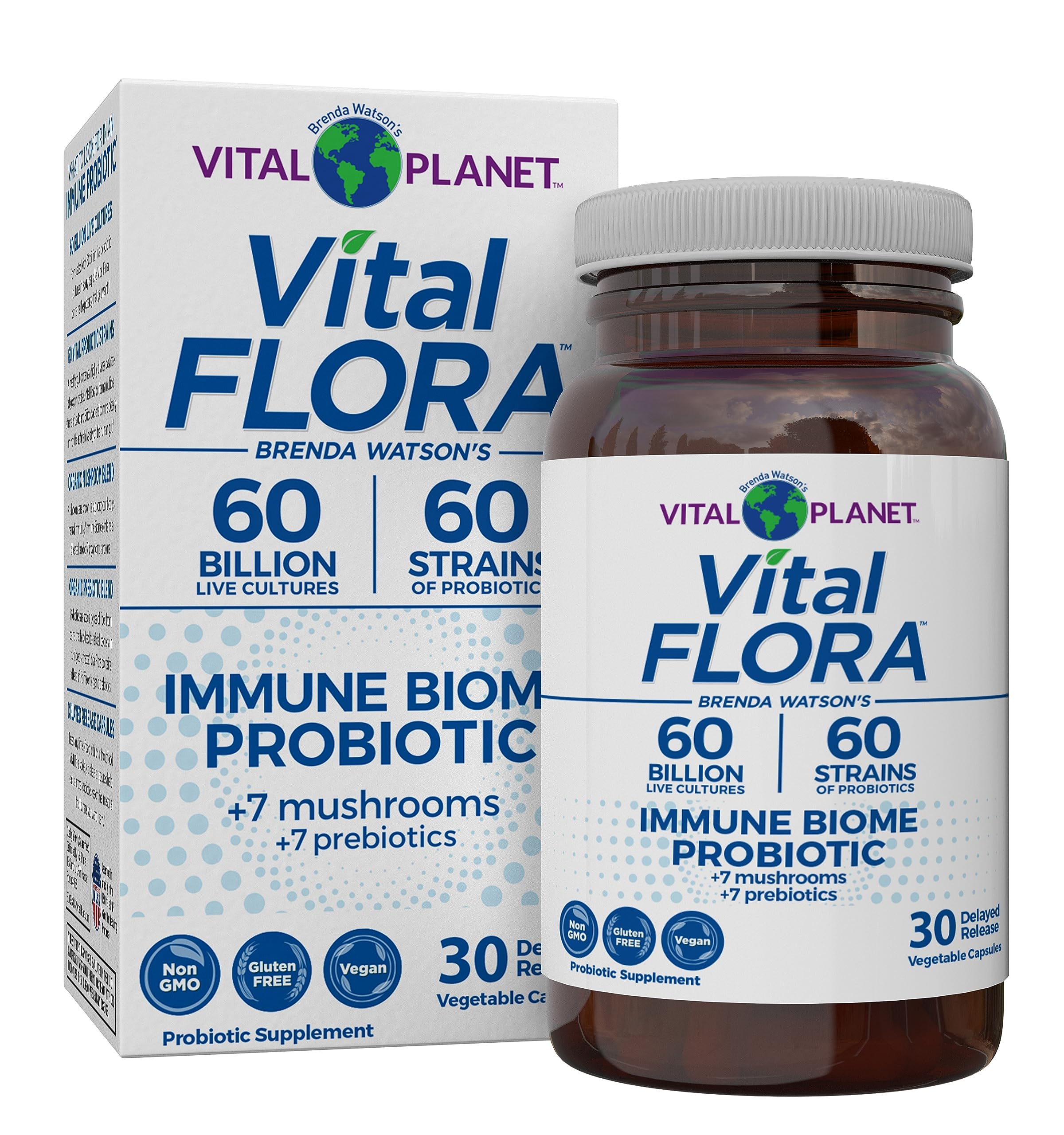 Vital Planet Vital Flora Immunité - bouteille affichant l'emballage et équilibre intestinal.