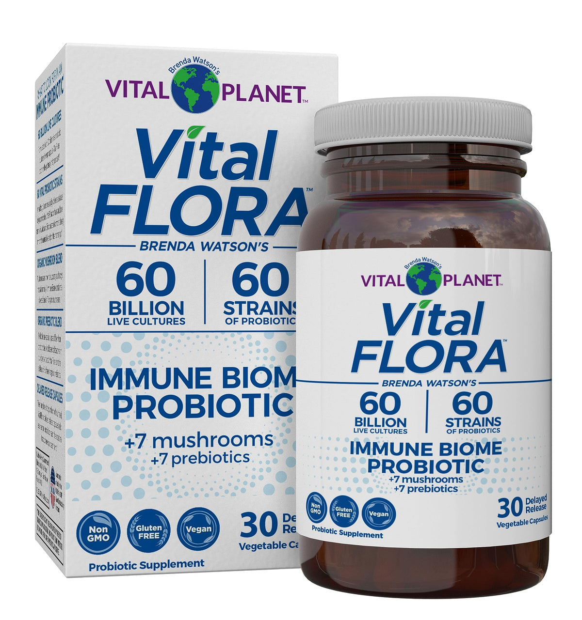 Vital Planet Vital Flora Immunité - bouteille affichant l'emballage et équilibre intestinal.