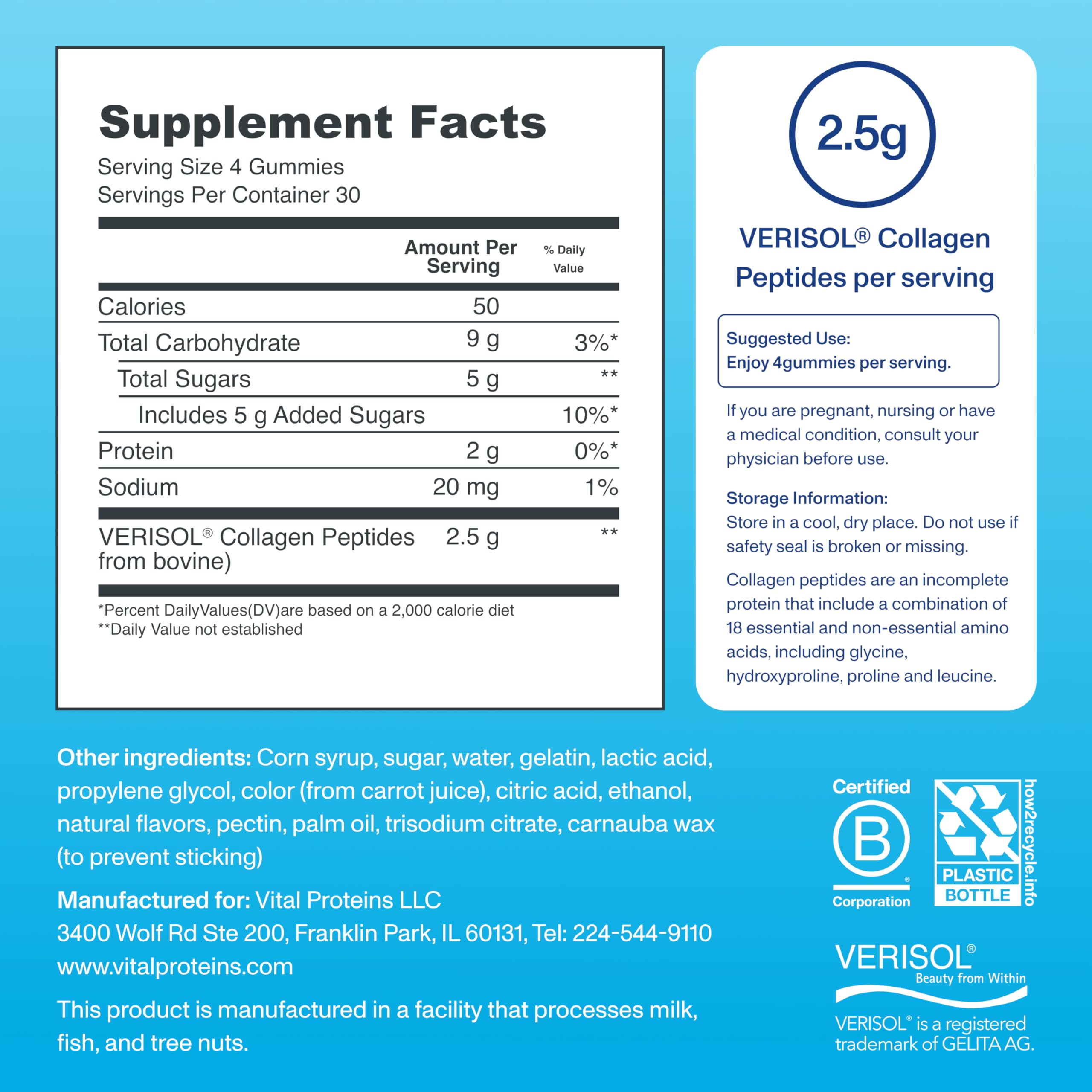 Vital Proteins Collagen Gummies étiquette VERISOL sans gluten lactose soja