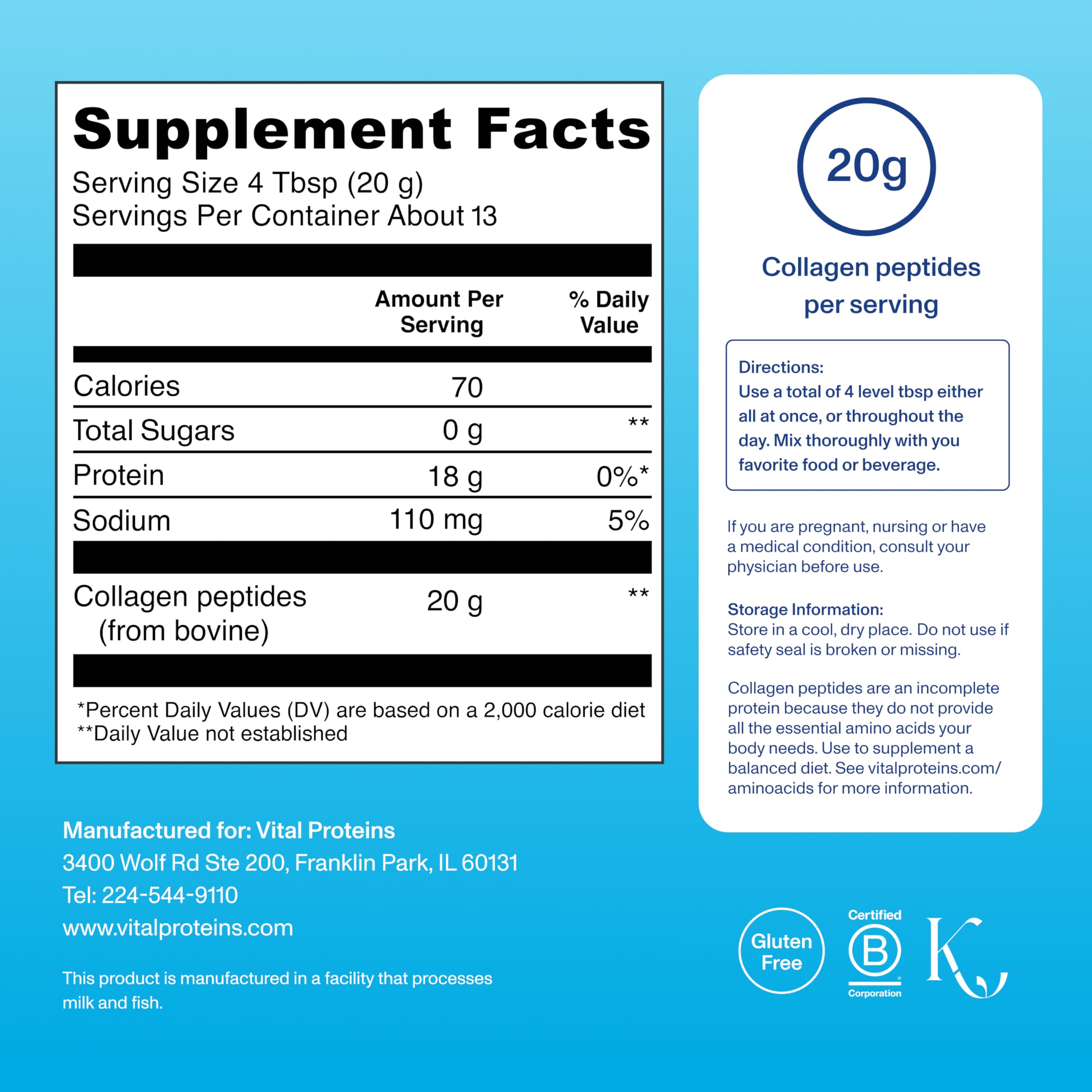 Vital Proteins Collagen Peptides: 0 g de sucre par portion pour un ajout pratique.