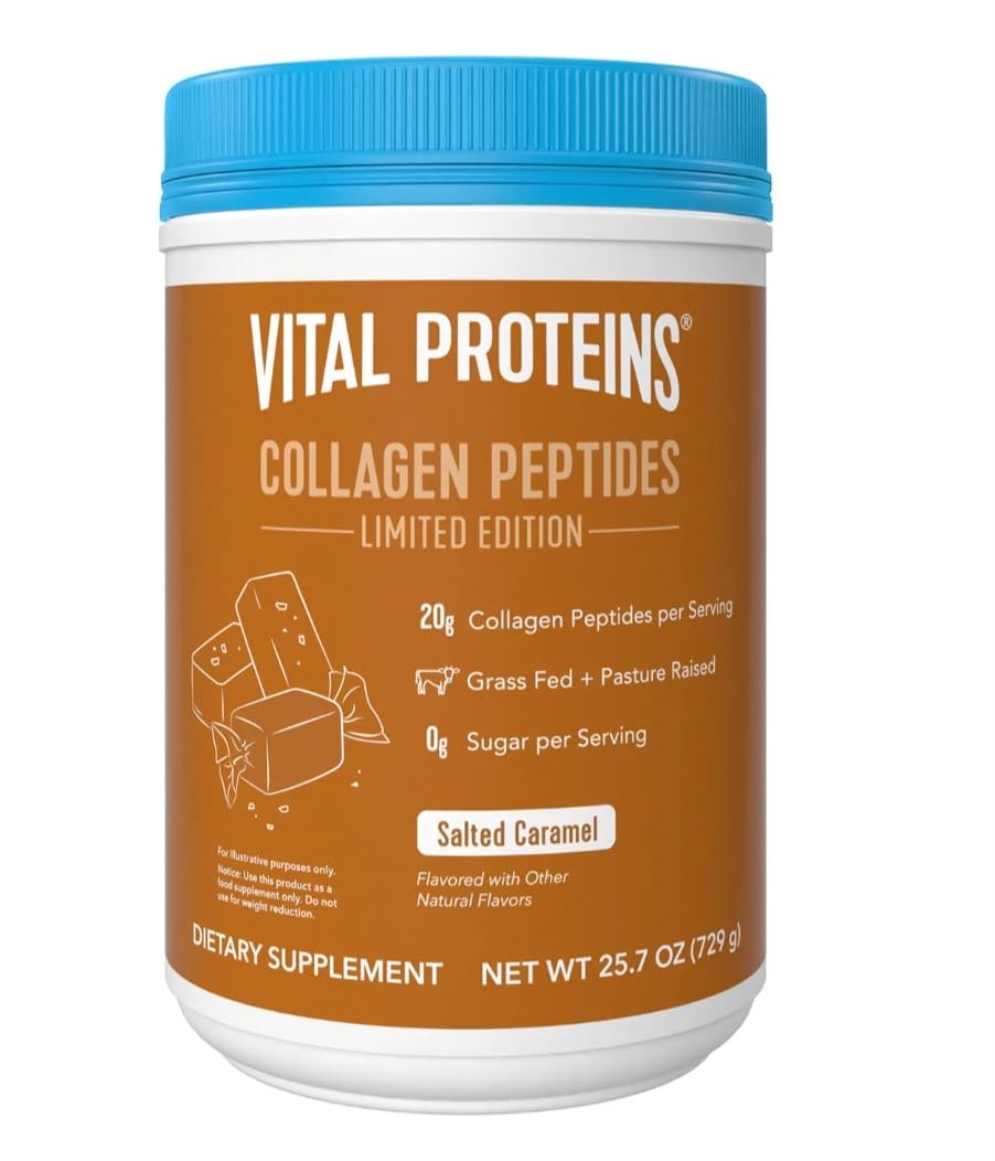 Vital Proteins Collagen Peptides – boîte visible, dégustation gourmande caramel salé.