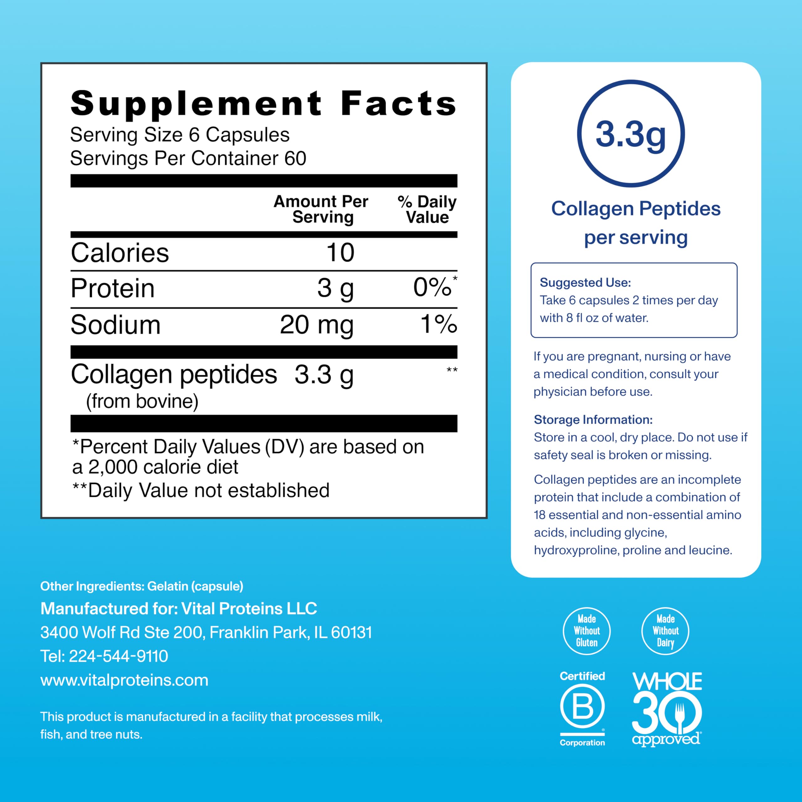 Vital Proteins: dosage 3,3 g par portion, ingestion facile