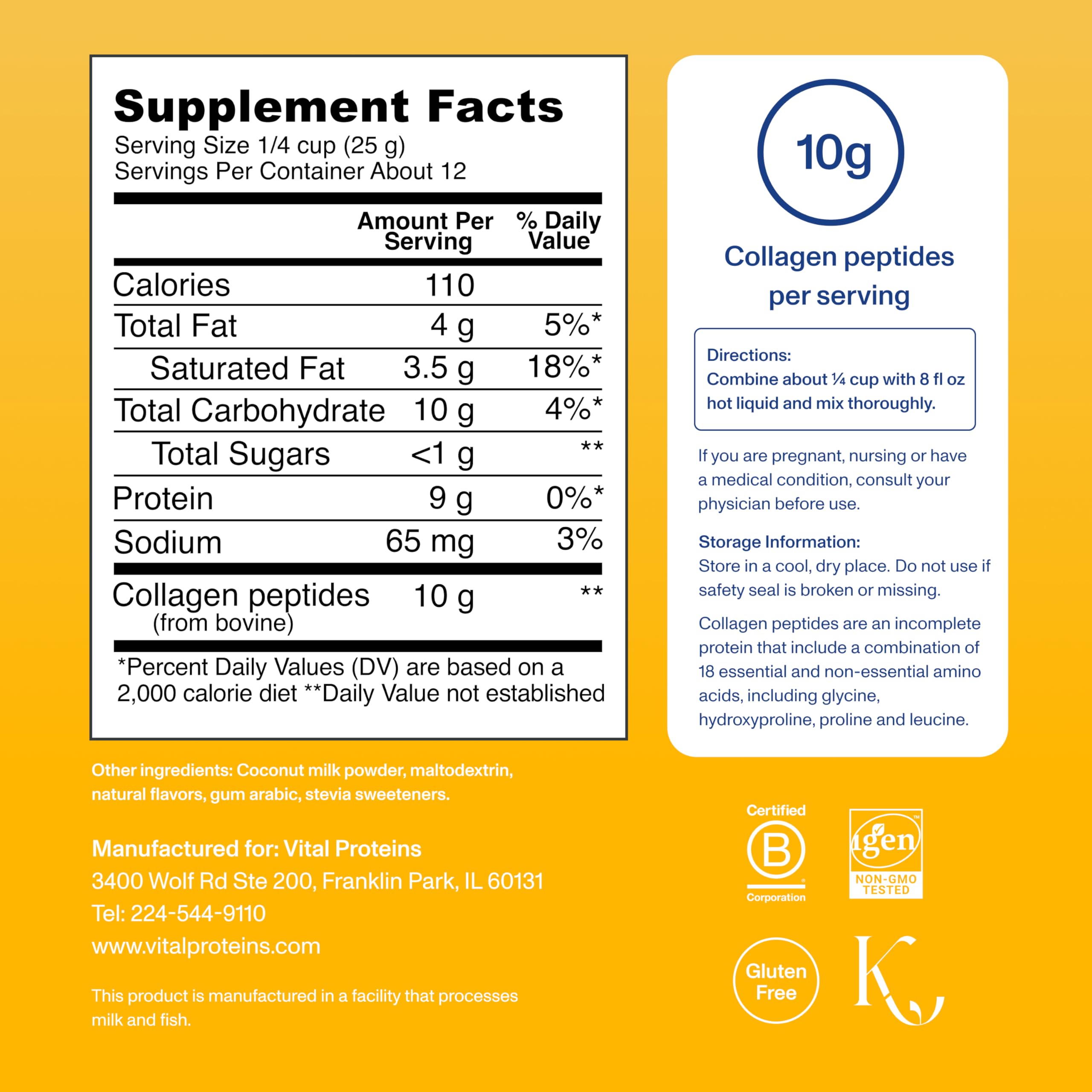 Vital Proteins scoop poudre vanille, dosage pratique pour recettes.