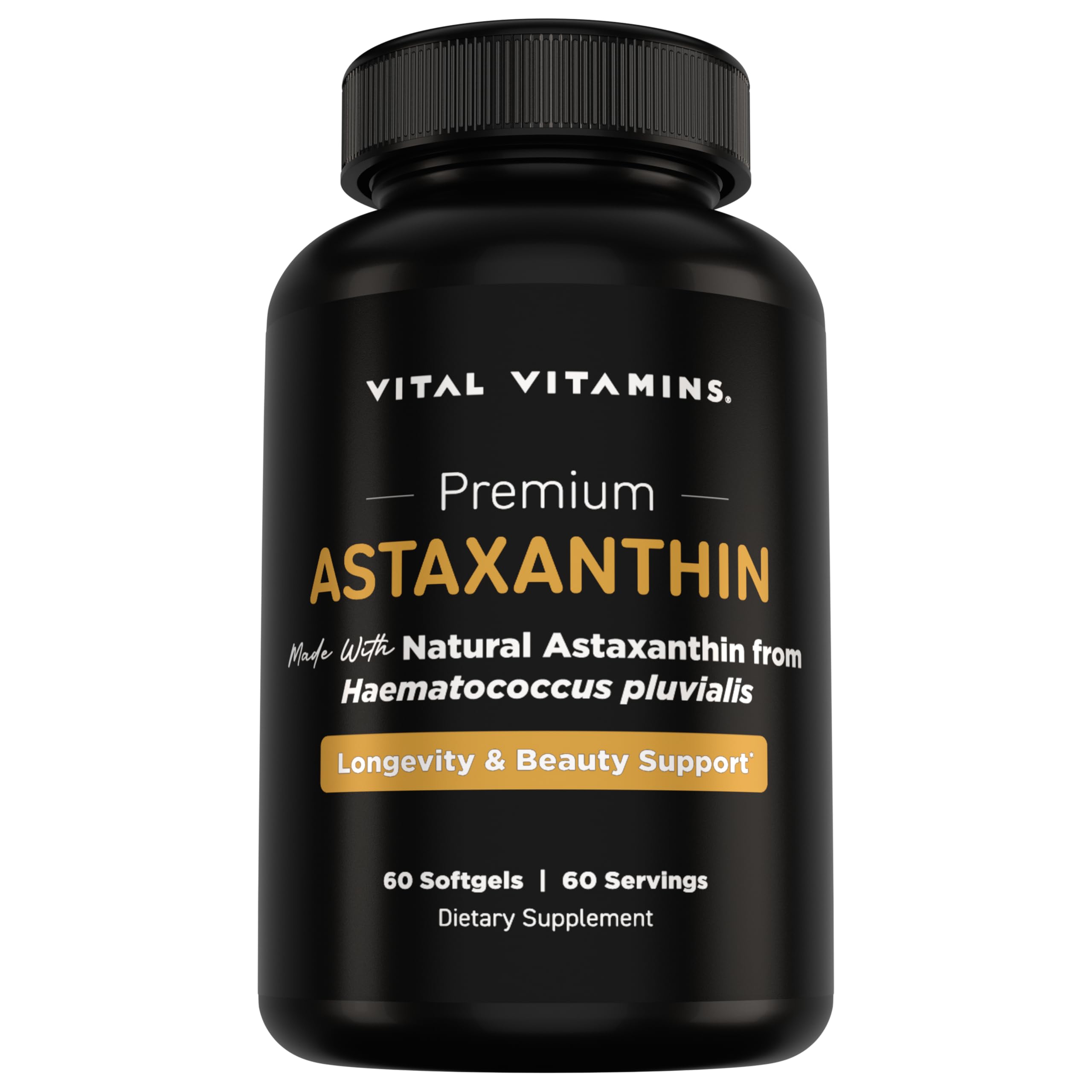 Vital Vitamins Astaxanthin gélules — boîte montrant le produit, hydratation cutanée et éclat naturel
