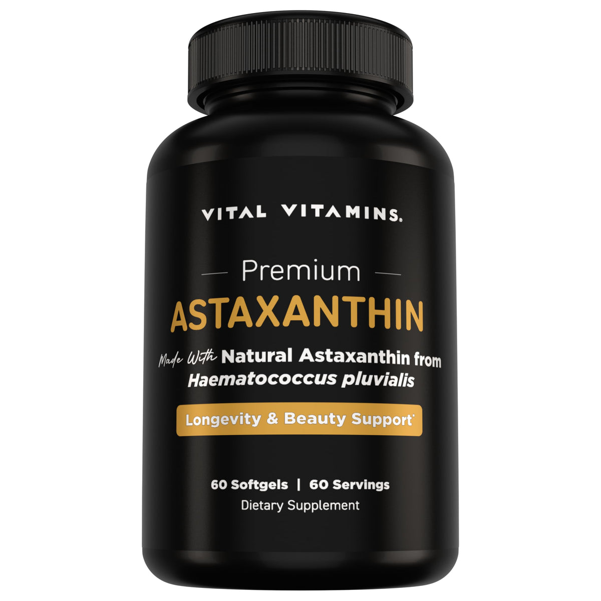 Vital Vitamins Astaxanthin gélules — boîte montrant le produit, hydratation cutanée et éclat naturel