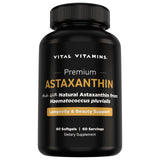 Vital Vitamins Astaxanthin gélules — boîte montrant le produit, hydratation cutanée et éclat naturel