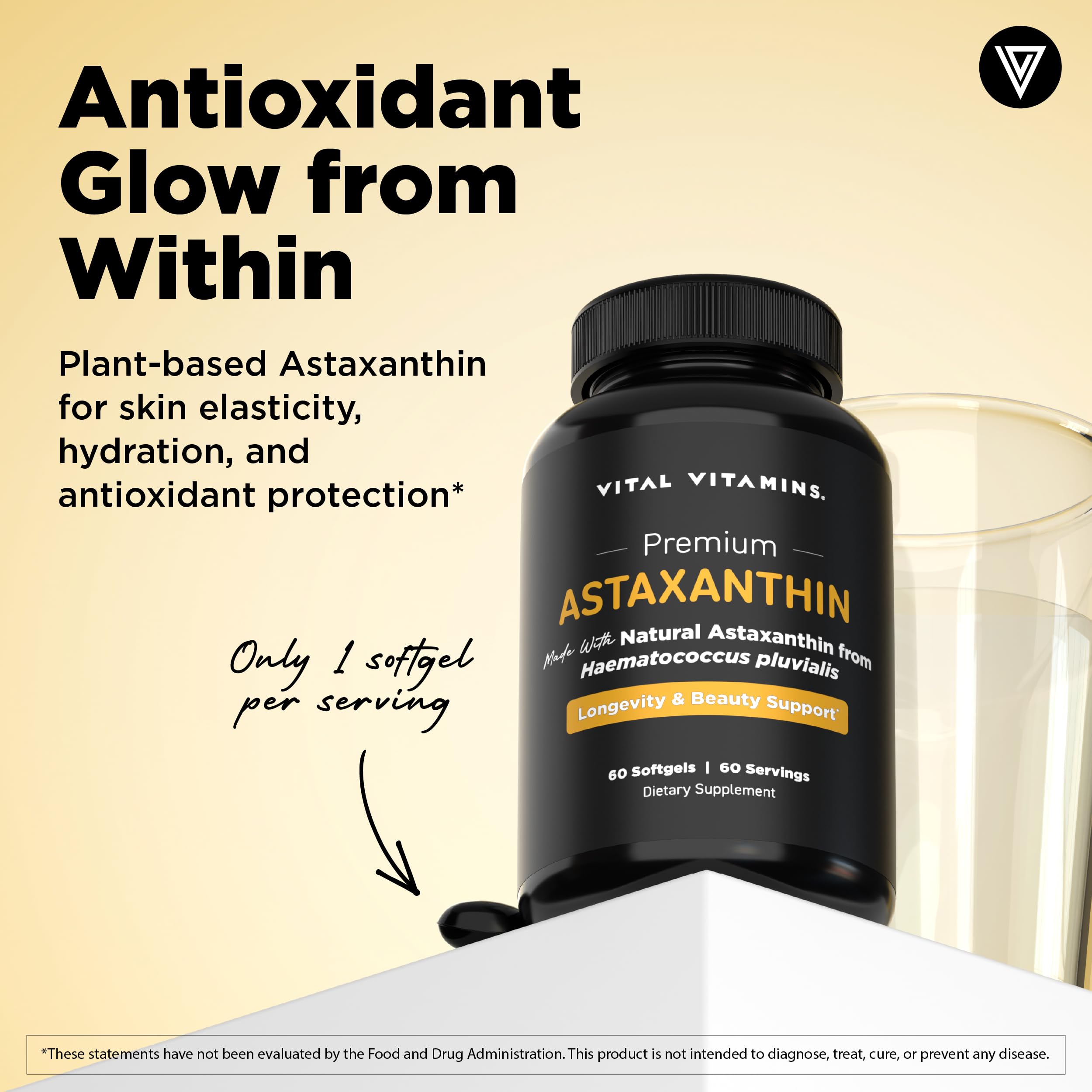 Vital Vitamins Astaxanthin gélules — bouteille ouverte montrant le complément, soutien quotidien de la peau