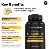 Vital Vitamins Astaxanthin gélules — emballage rectangulaire, formule végétale adaptée à la routine beauté