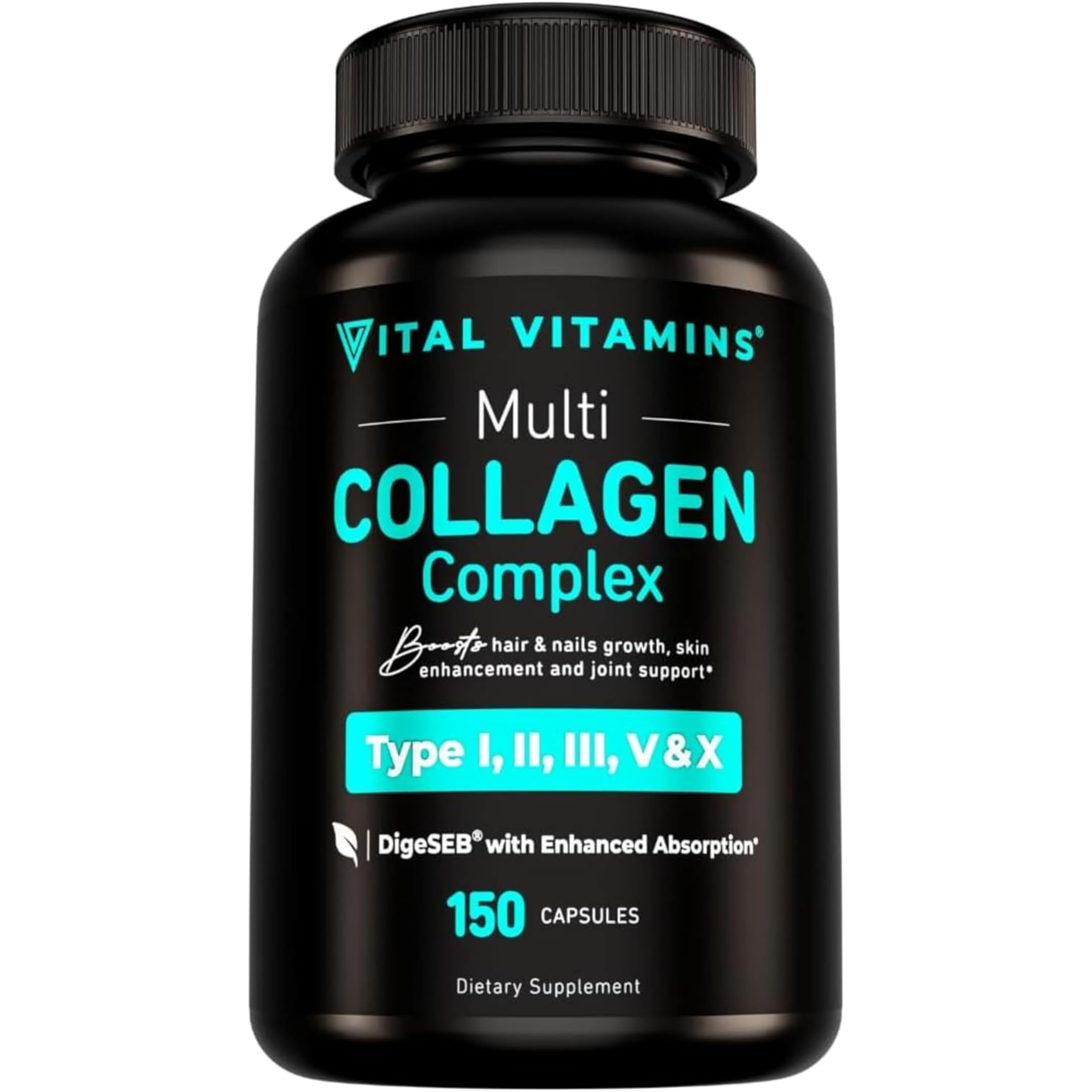 Vital Vitamins gélules collagen multi type I à X, flacon pratique pour emporter.