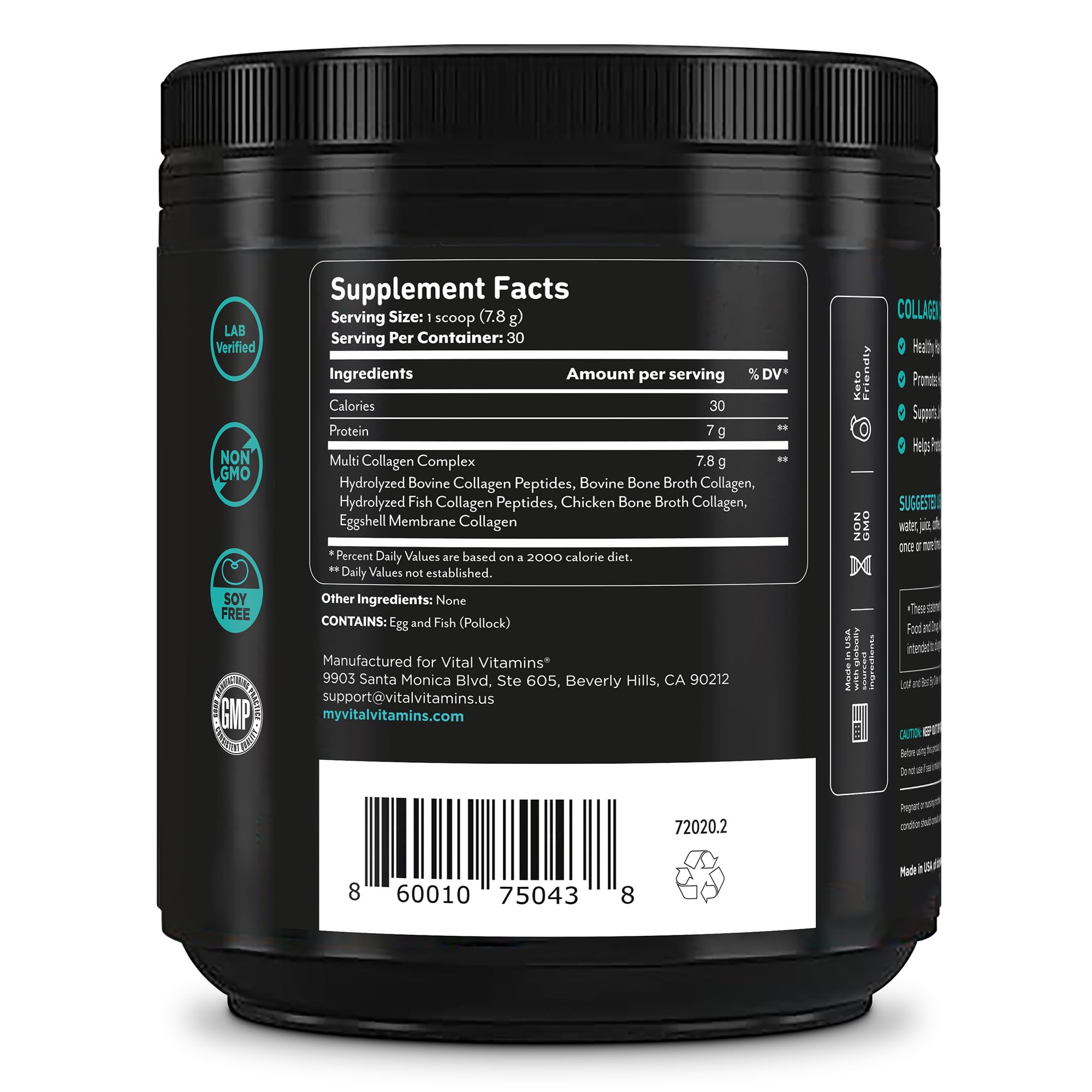 Vital Vitamins Poudre collagène multi, 30 portions pratiques pour facilité quotidienne.
