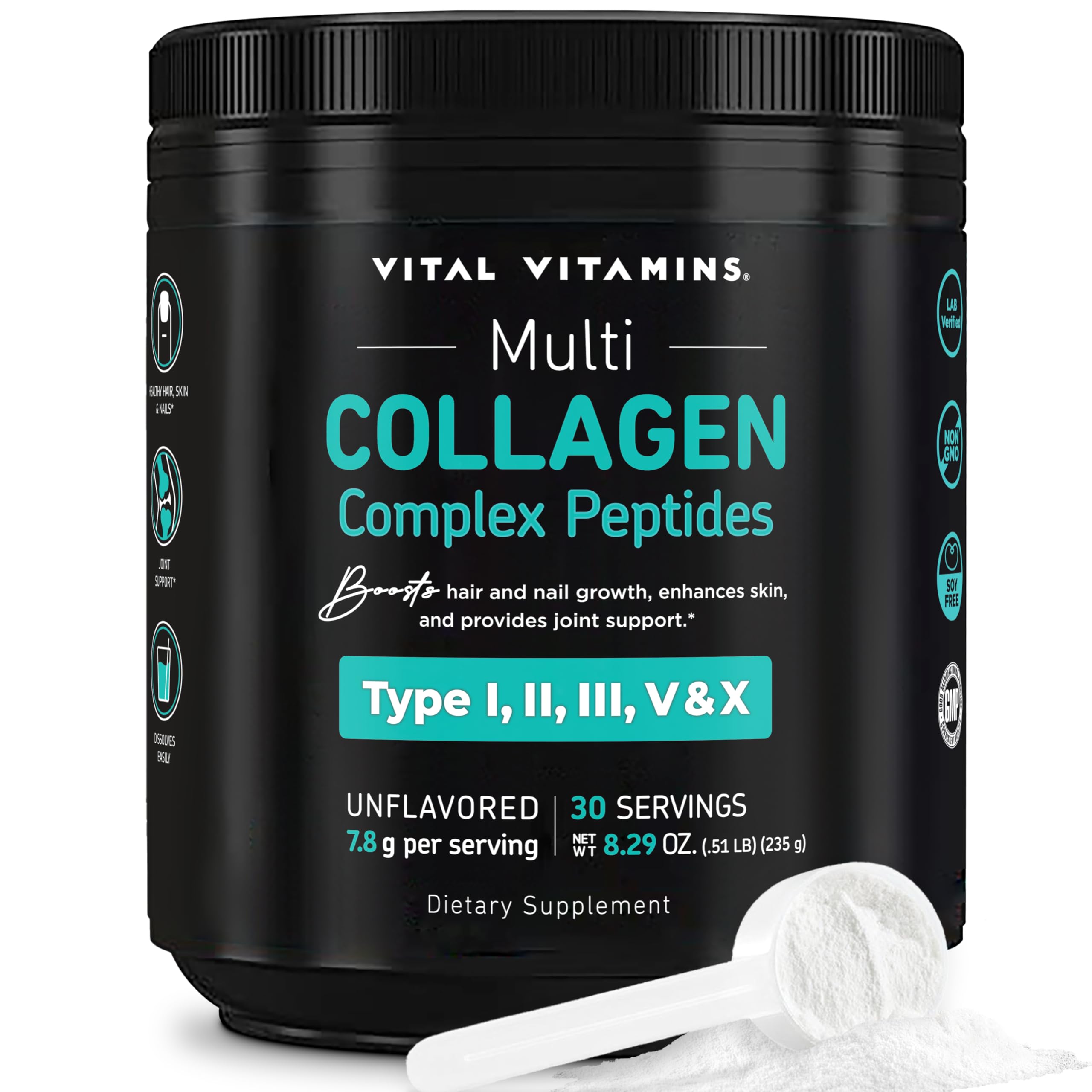 Vital Vitamins Poudre collagène multi, dissolution rapide dans l'eau, idéale pour votre boisson quotidienne.