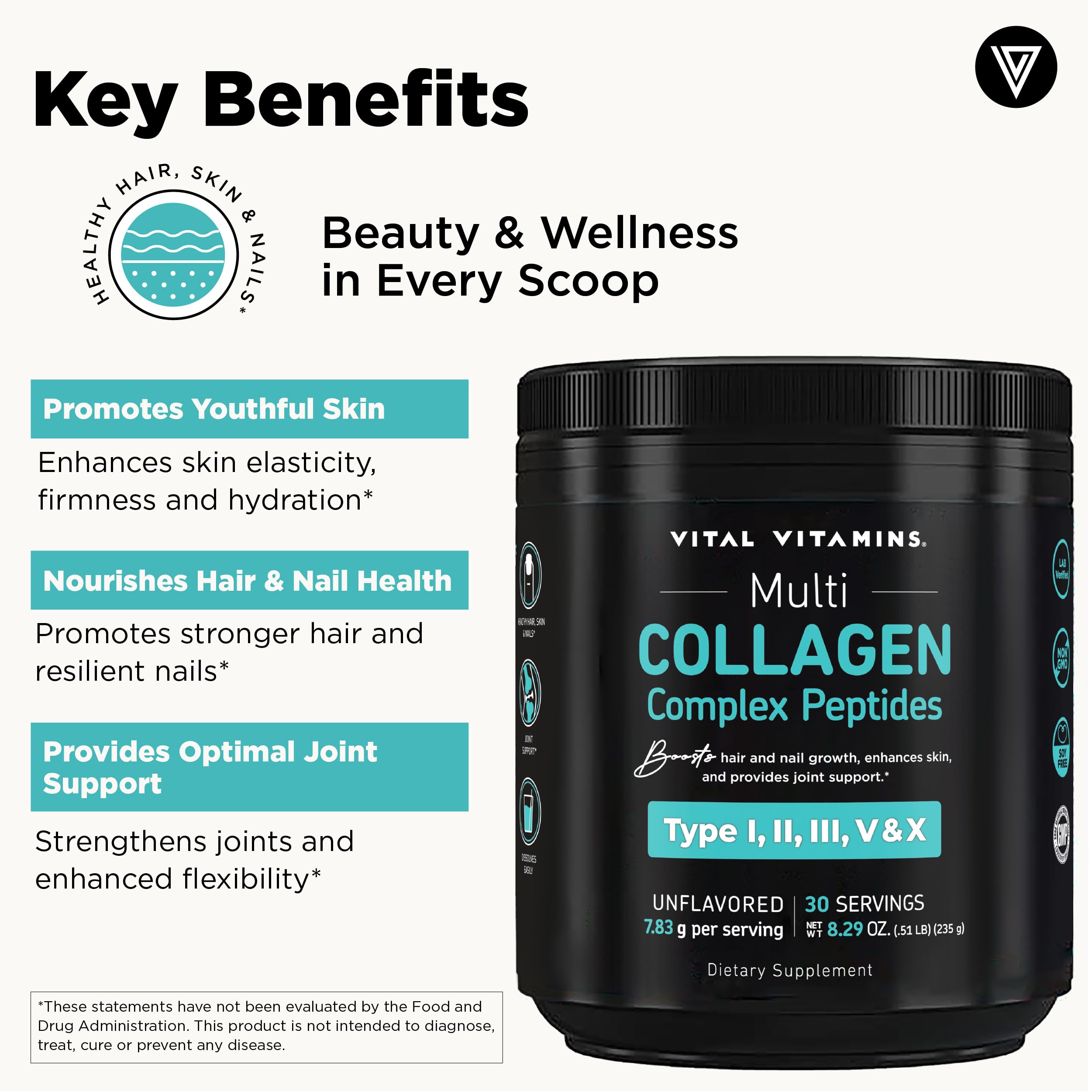 Vital Vitamins Poudre collagène multi, se mélange dans verre d'eau chaude ou froide.