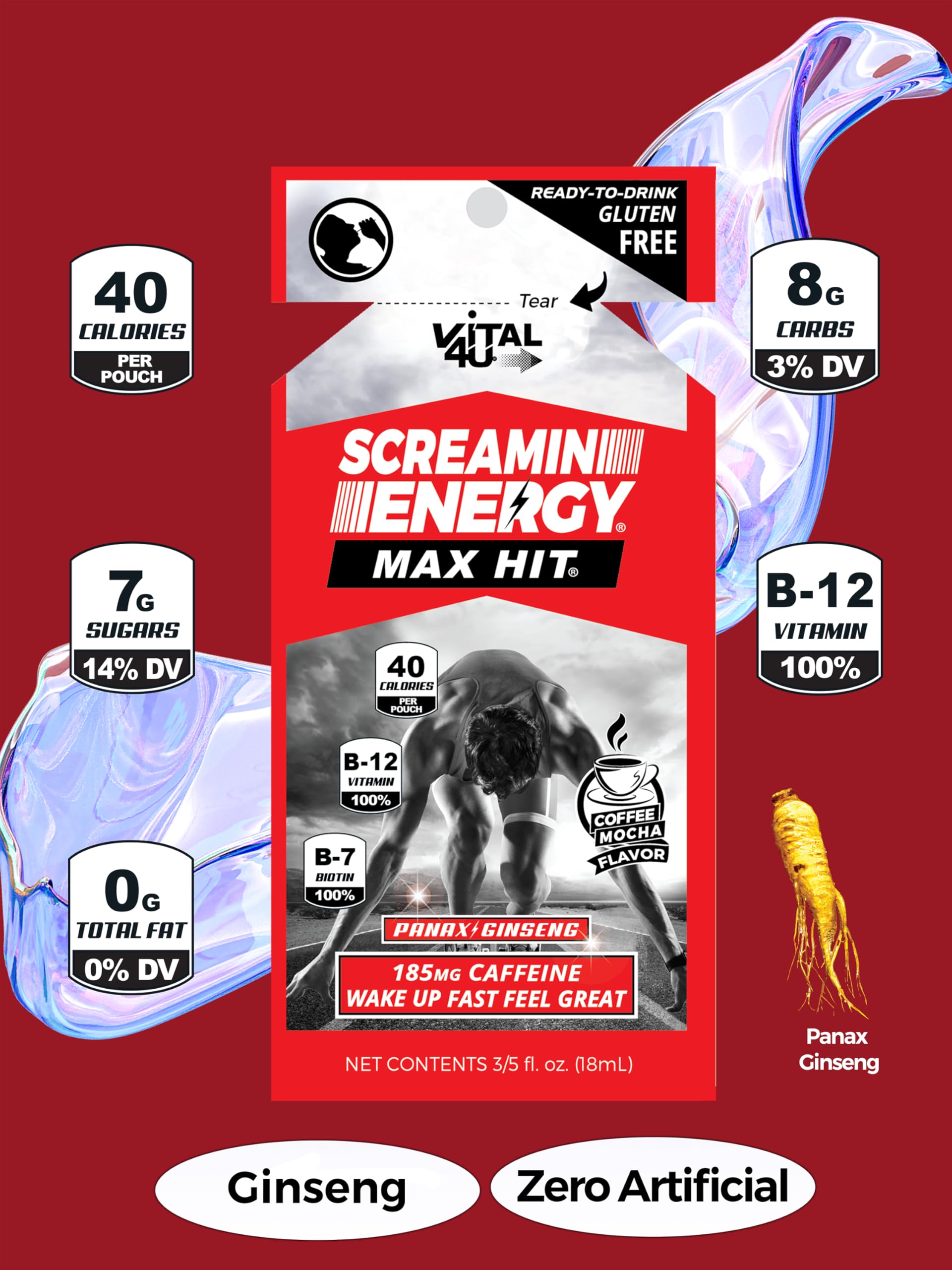 Étiquette caféine et ginseng du Screamin Energy Max Hit.