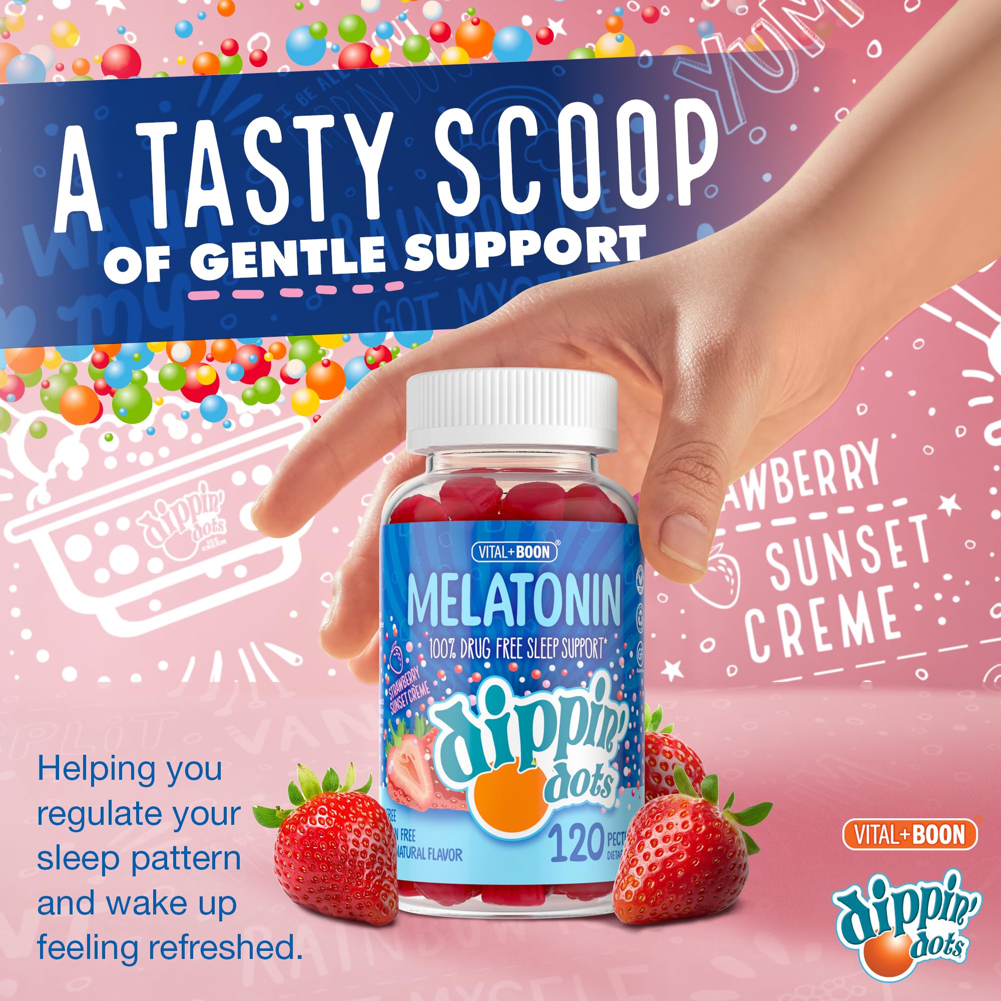 Vital+Boon Dippin Dots mélatonine – boîte de 120 gommes pour routine nocturne.