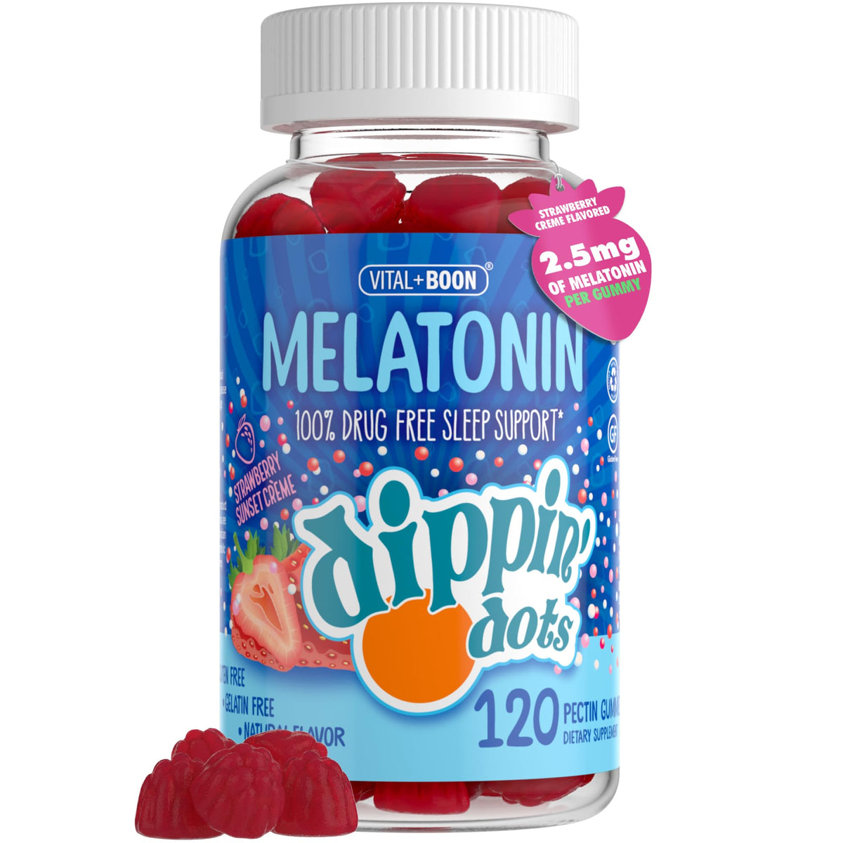 Vital+Boon Dippin Dots mélatonine – bouteille visible pour soutien potentiel au sommeil.