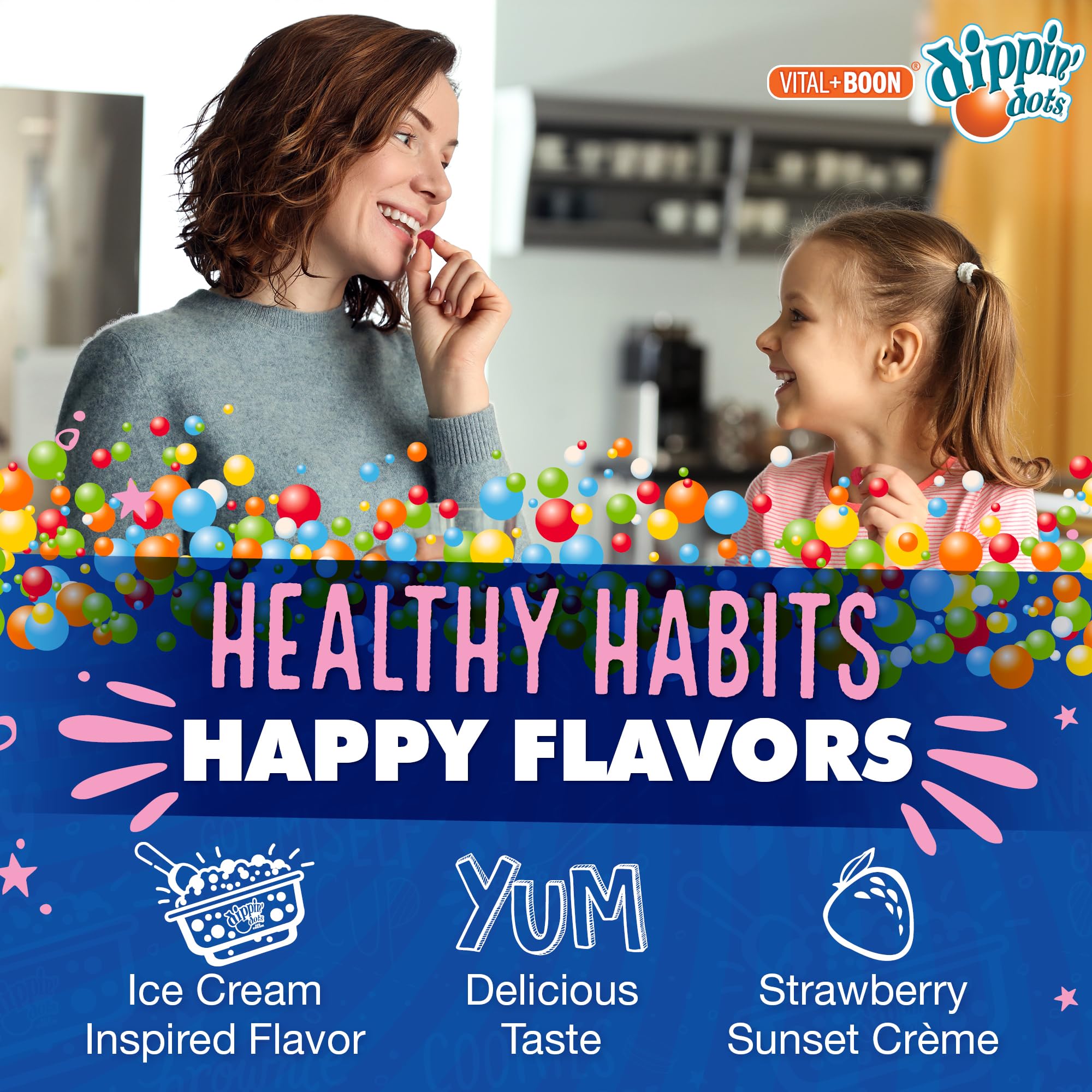 Vital+Boon Dippin Dots mélatonine – capuchon sécurité enfant et formulation sans gélatine.