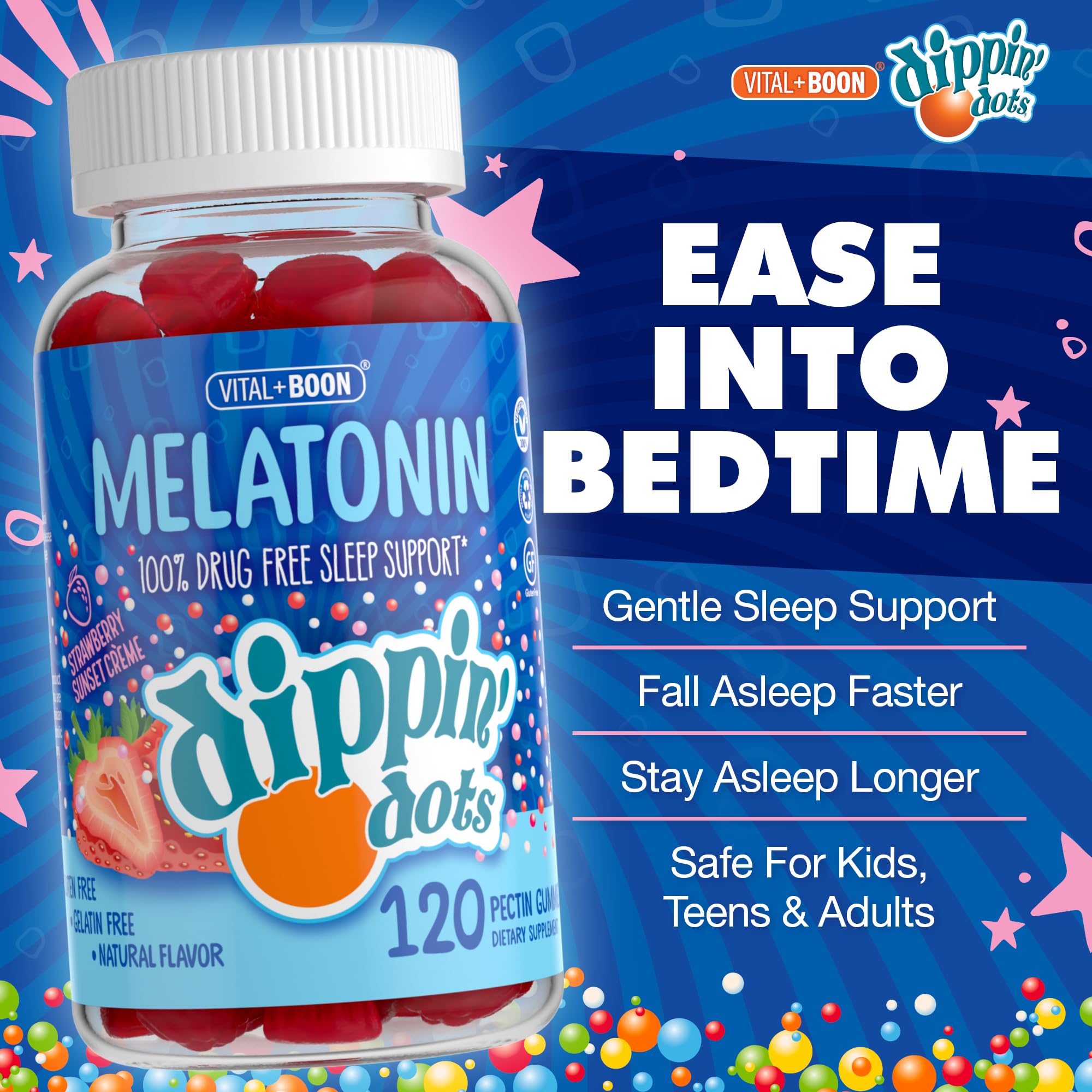 Vital+Boon Dippin Dots mélatonine – gomme fraise close-up, saveur agréable.