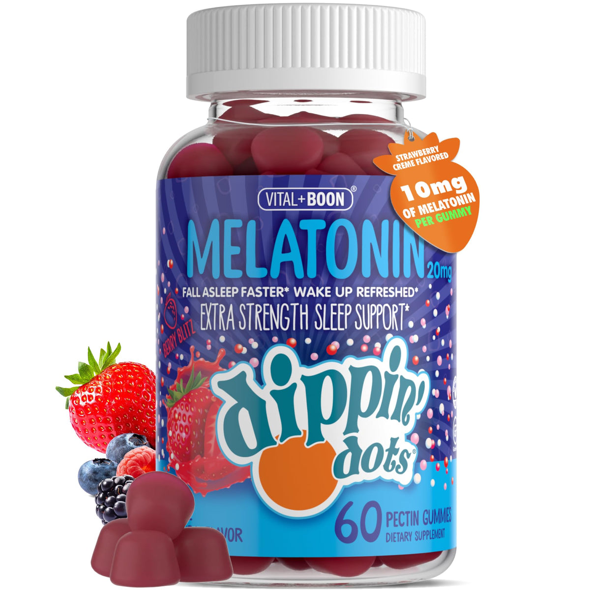 Vital+Boon Dippin' Dots: bouteille melatonine 20mg, offre 60 gommes pour routine nocturne polyvalente.
